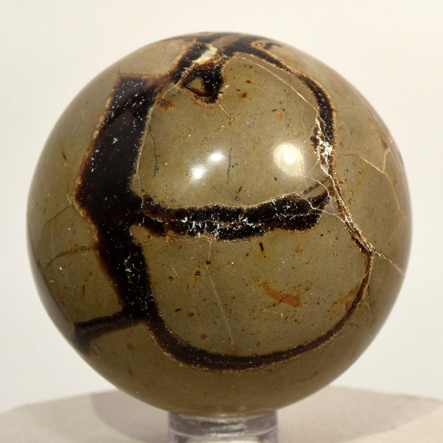 2.2" Septarian Dragon Stone Sphere Natural Nodule Crystal Ball Yellow Calcite Brown Aragonite Smooth Polished Mineral Stone - Madagascar + Stand