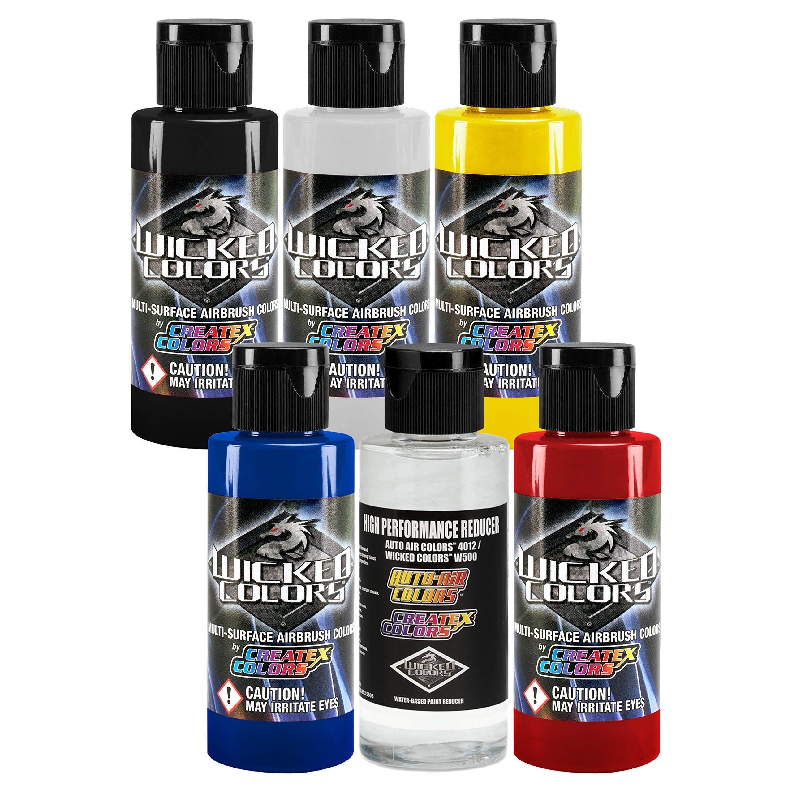 6 Createx Wicked Colors Primary Airbrush Paint Set 2 Oz Bottle