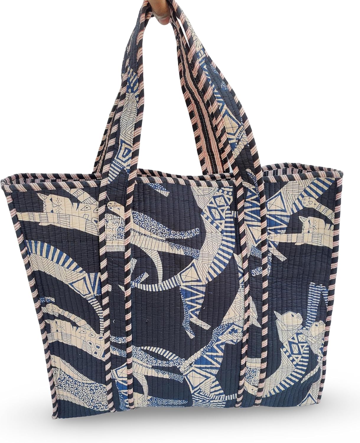 Cotton Tiger Block Print Tote Bag, Indian Handmade Shopping Shoulder Bag, Unisex Market Daily Use