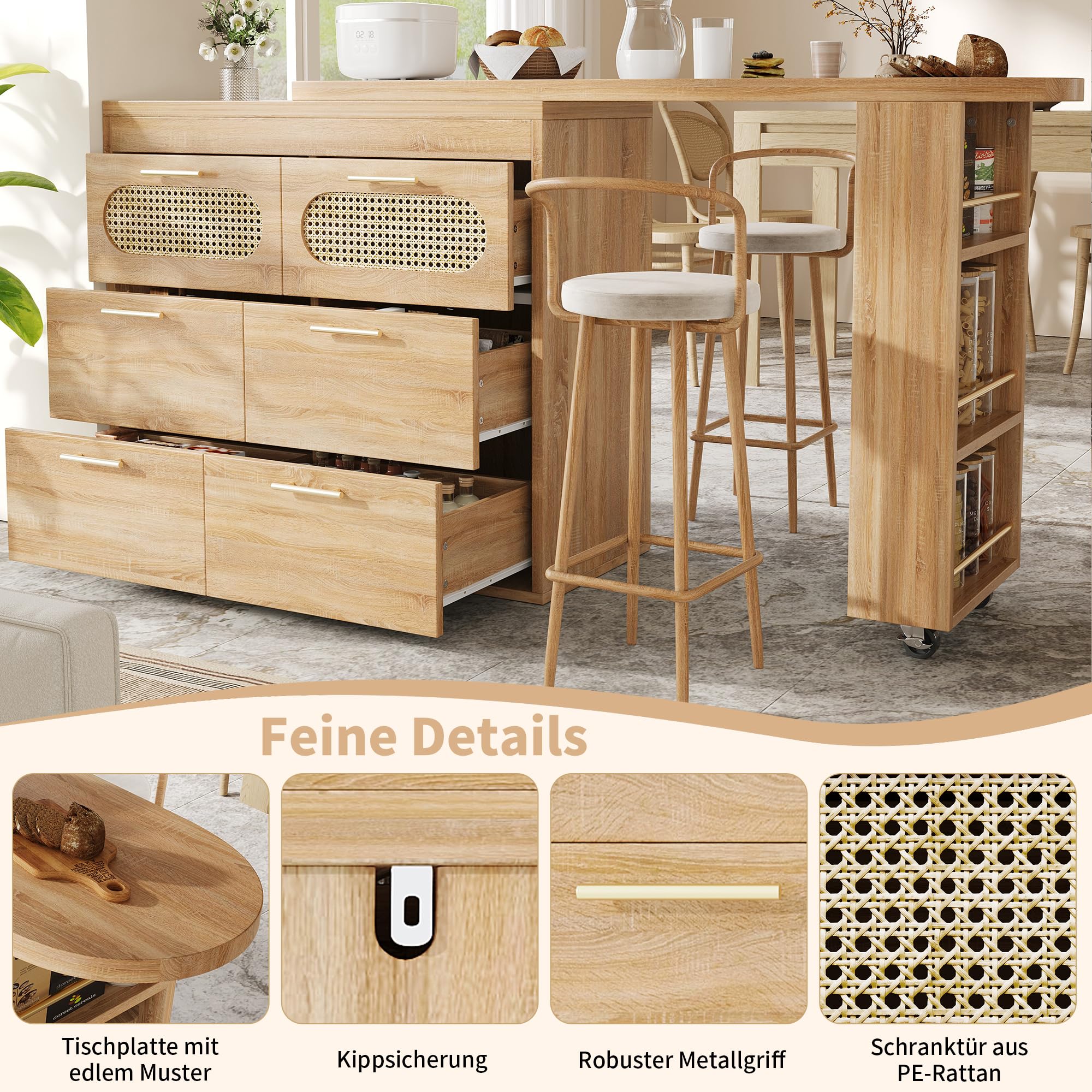 Sapgaks Îlot de Cuisine rotative à 360°,Porte en rotin PE et poignée en métal,Table de Bar avec 6 tiroirs,Equipé d'un Dispositif Anti-basculement,Aux Salon et Cuisine,Naturelle