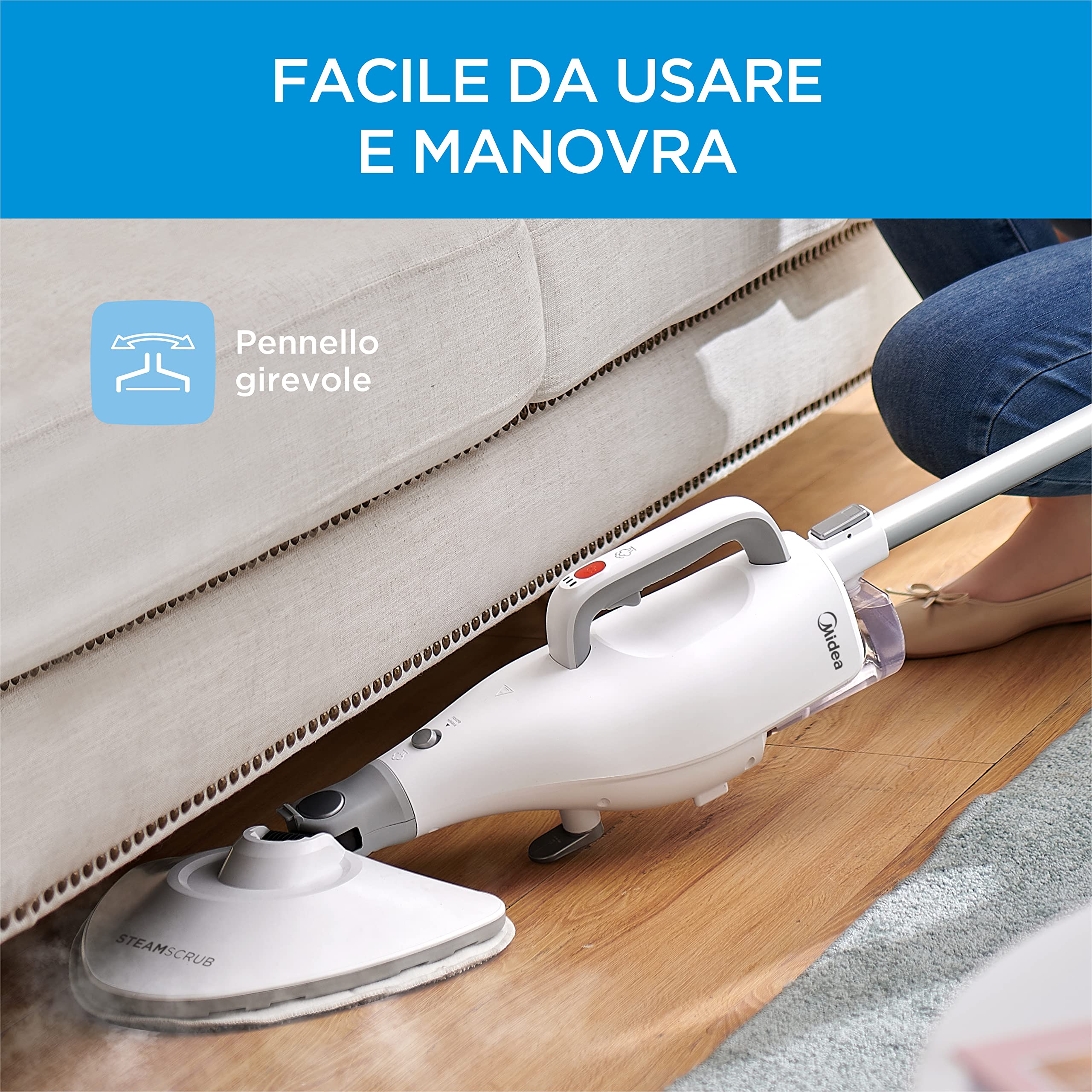Midea MSM2115WW Scopa a Vapore, Lavapavimenti a Vapore 10 in 1, Uccide il 99,9% di Batteri senza Residui Chimici, Soddisfa Varie Scene di Pulizia; Bianco e Argento