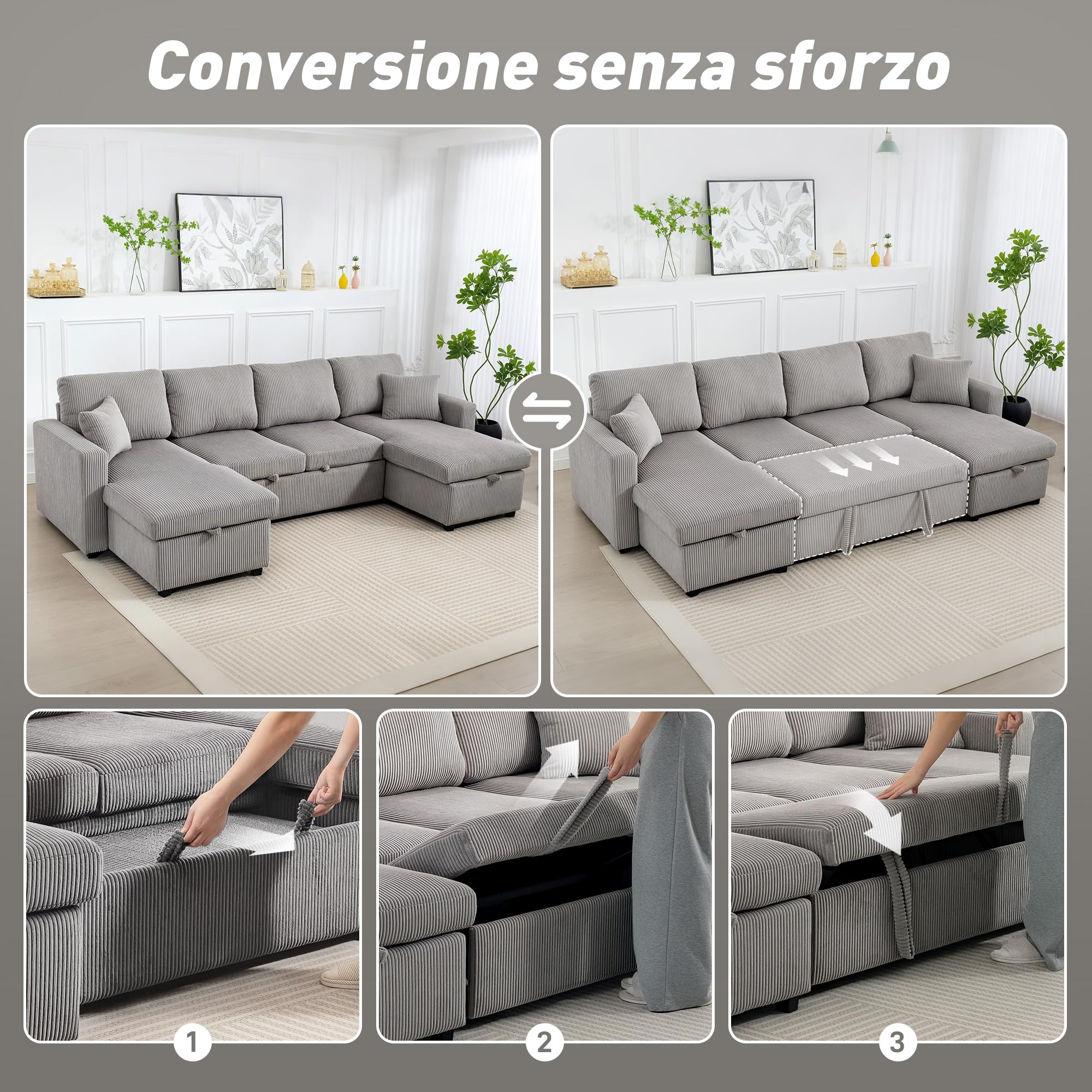 HOMCOM Divano Letto con Letto Estraibile Imbottito, Divano Angolare Convertibile 4 Posti a Forma di U con 2 Chaise Longue, Vani Contenitore e 2 Cuscini, in Velluto a Coste, 282x140x86 cm, Grigio