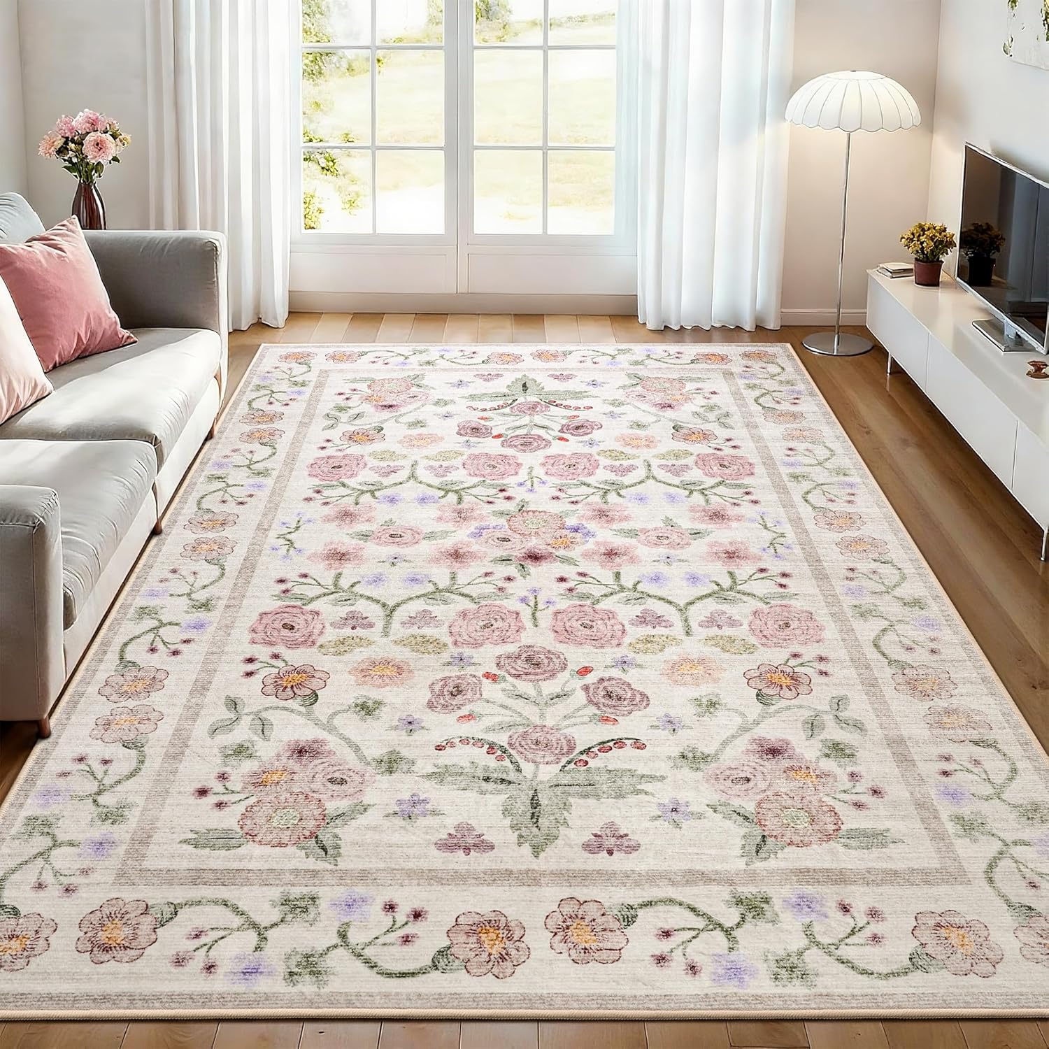 maxsoft 8x10 area rugs for living room bedroom, floral vintage large rug with rubber backing: soft non-slip and washable low pile throw carpet for dining room kitchen home decor, pink floral pink 8' x 10'