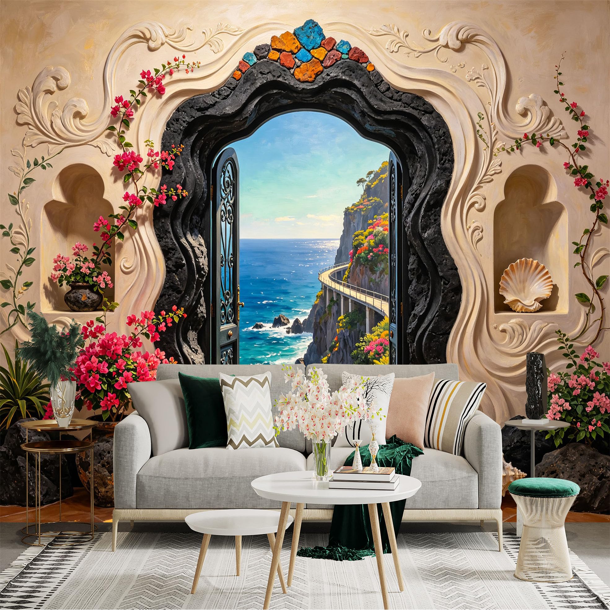 Custom Size Wall Sticker Mural， Coastal Archway Ocean View with Floral Cliffs and Mediterranean Style， for wall Decoration， peelandstick wall Decals.