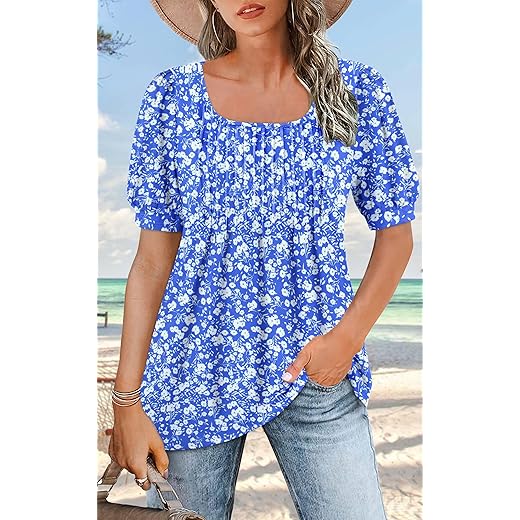 Camiseta feminina de verão 2025 nova túnica de manga curta casual plissada rodada gola quadrada camisetas femininas básicas