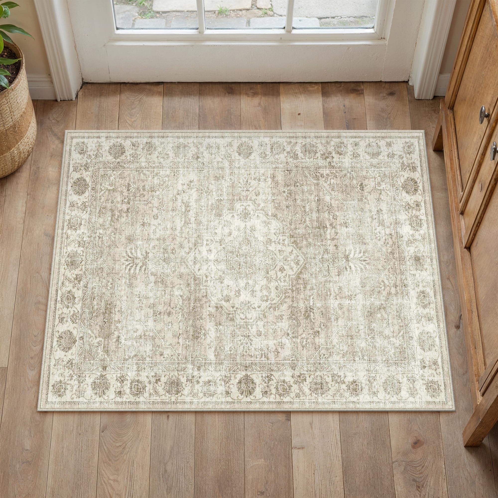 PureCozy Vintage Door Mat Rug 60x90cm Beige Carpet Machine Washable Non Slip Kitchen Small Rugs Kids Bedroom Bedside Nursery Office Playroom Indoor Low Pile Carpets — image 1