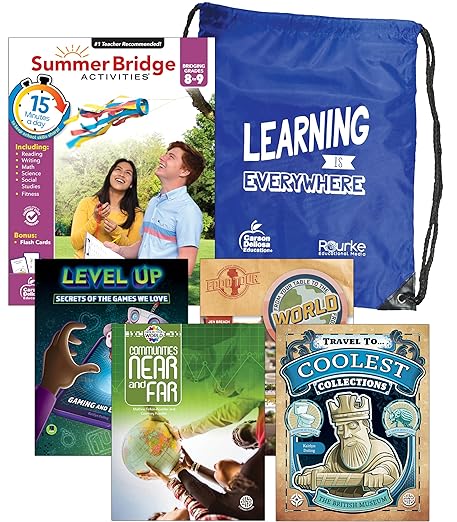 Summer Bridge Activities 8-9 Bundle, Ages 13-14, Math, Reading Comprehension, Writing, Science Summer Learning 9th Grade Workbooks All Subjects With Flash Cards, Children's Books, Drawstring Bag