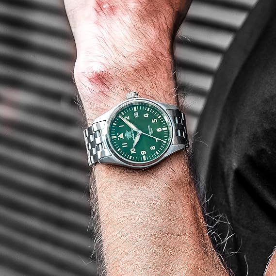 ADDIESDIVE Automatic Watch Man Pilot Steel Green Dial Luminescent Movement  NH35A Waterproof 200M : Amazon.co.uk: Watches