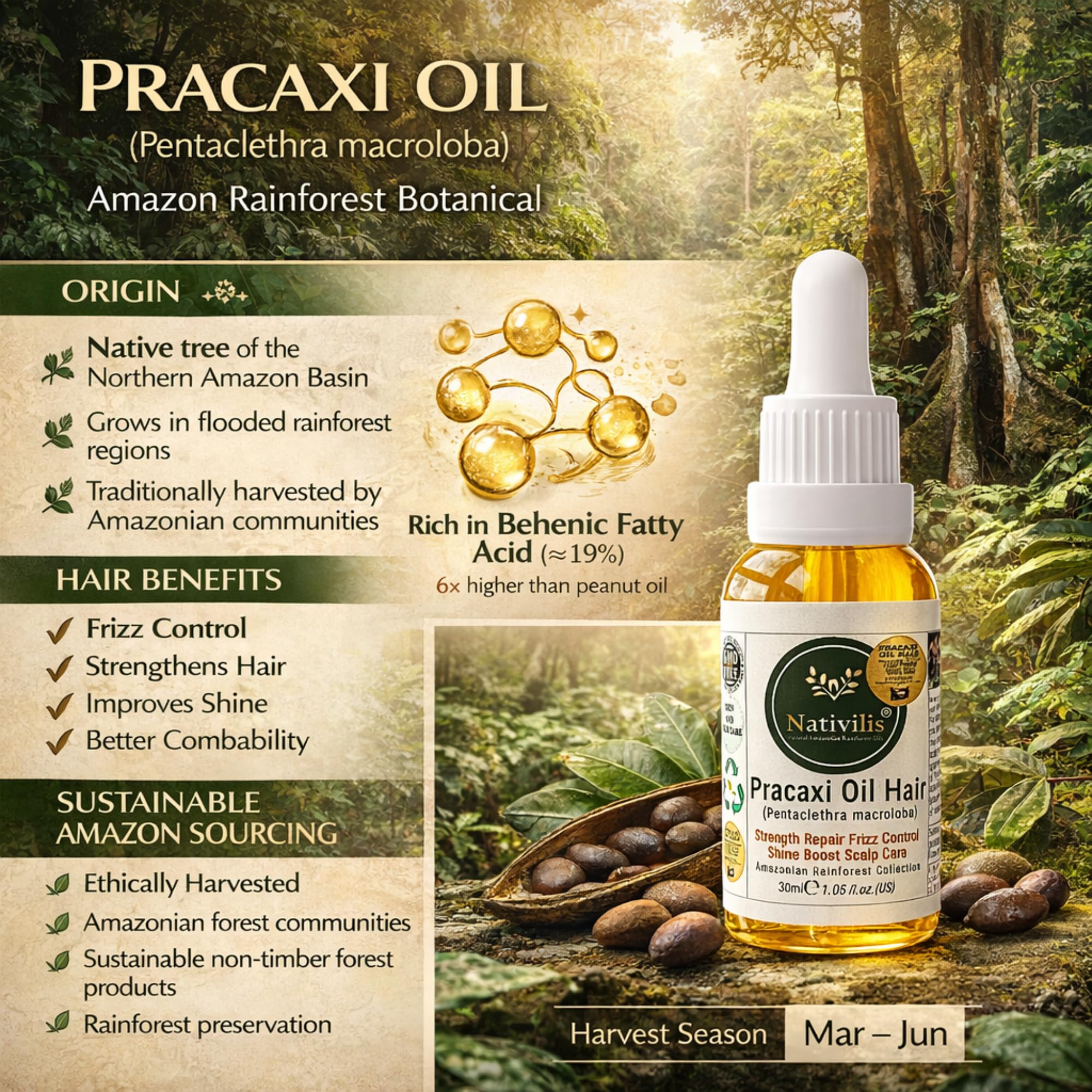 Aceite de Pracaxi 100% Puro – Aceite de Cabello y Cuero cabelludo de la selva amazónica (30 ml) – Anti-Frizz, Hidratación Profunda y Brillo – Cuidado Natural del Cabello