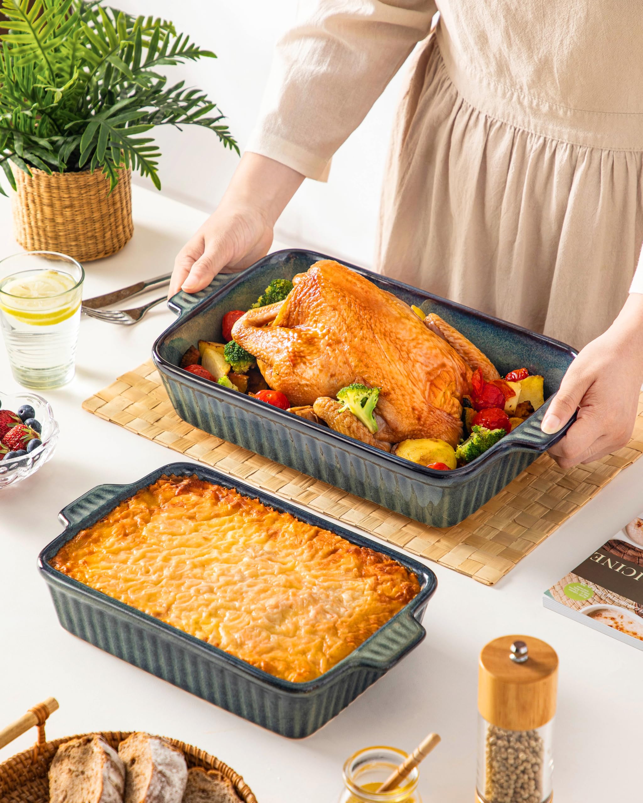 vancasso Auflaufform, 4-teilig Set Auflaufform Groß & Klein (37, 30, 28, 24 cm), Lasagne Auflaufform Rechteckig mit Griffen, Baking Dish aus Steingut Ofen & Spülmaschinenfest, Grün