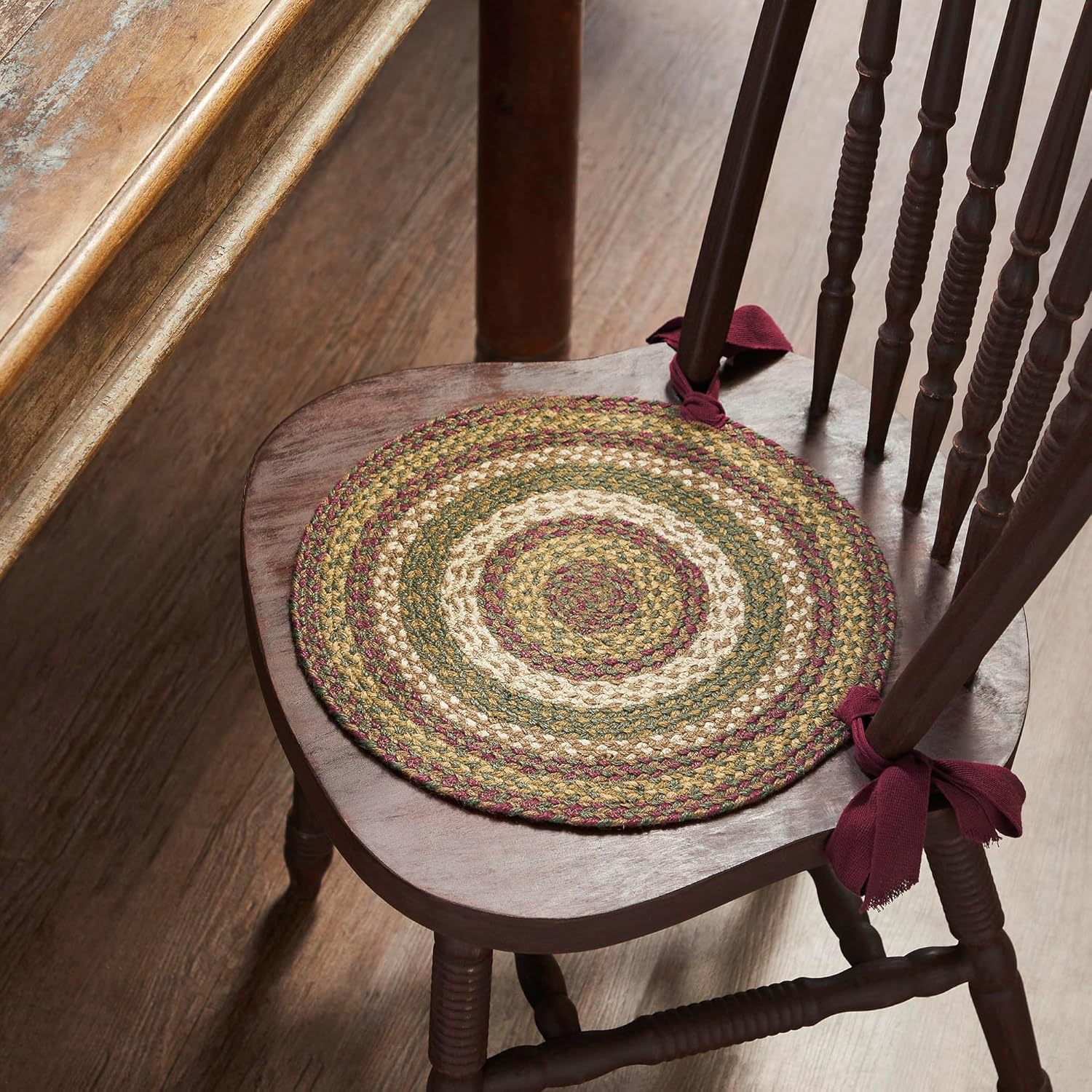VHC Brands Tea Cabin Rustic 15 Chair Pad Green Textured Jute Tie Back(s) Round Kitchen Table Decor, Set of 4