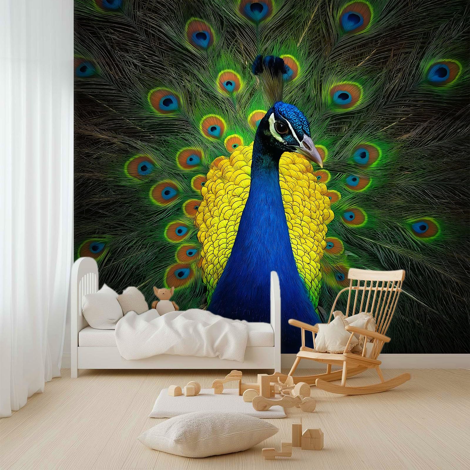 Tapeta mural 3D panoramiczny fototapeta 200 x 140 cm dzikie zwierzęta pawie tło ściana dekoracja wnętrza tapeta, zielony efekt 3D plakat dekoracja do sypialni salonu