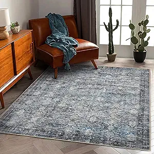 Washable Area Rug 4'x6' Traditional Floor Cover Foldable Thin Rugs Retro Kitchen Indoor Distressed Non Slip Carpet Floral Print Mat Bedroom Living Room