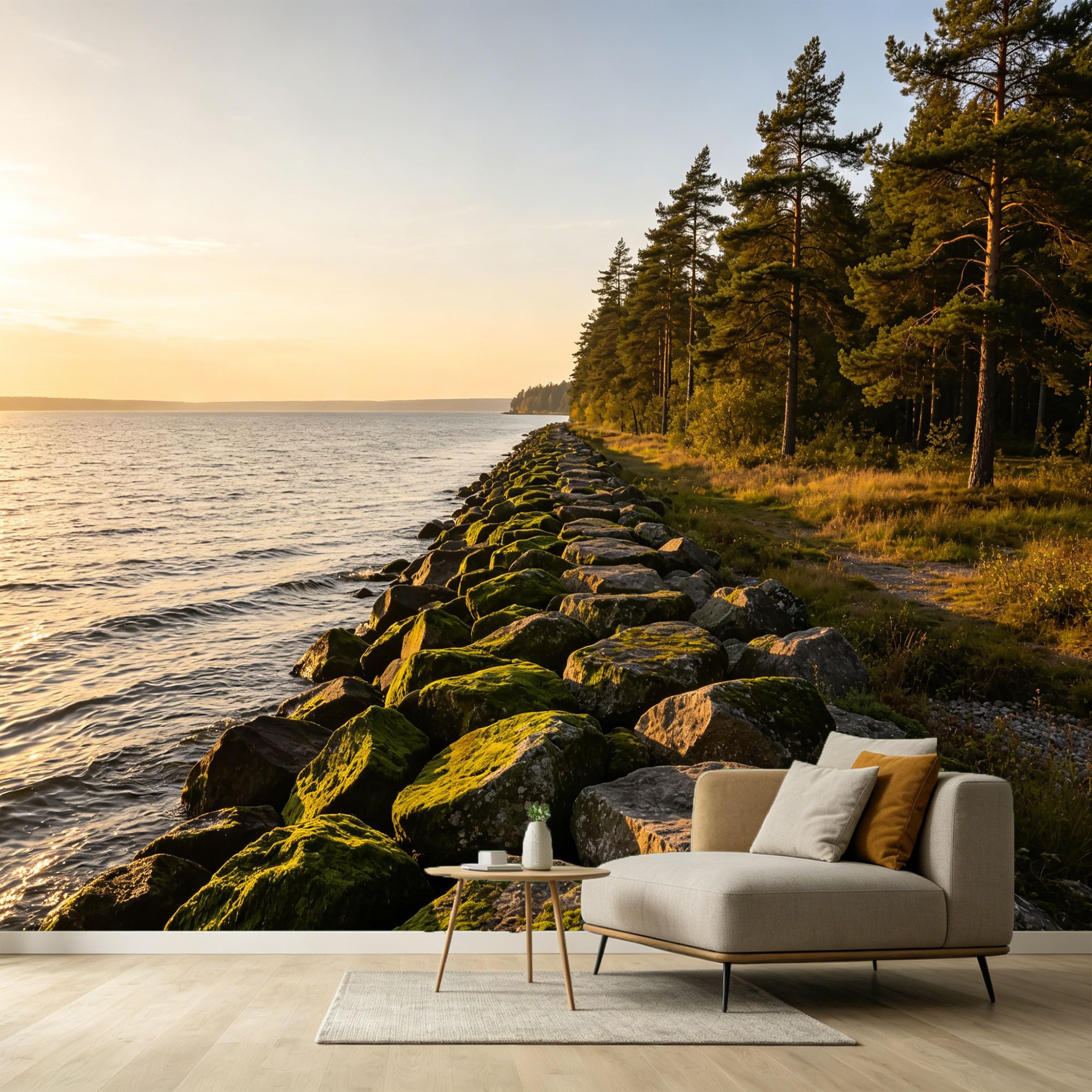 Custom Size Wall Murals Sunset Lake Shore Landscape Forest Trees Rocks SelfAdhesive Wall Fabric Removable Large Wallpaper for Photo Living Room Interior Decor Wall Art