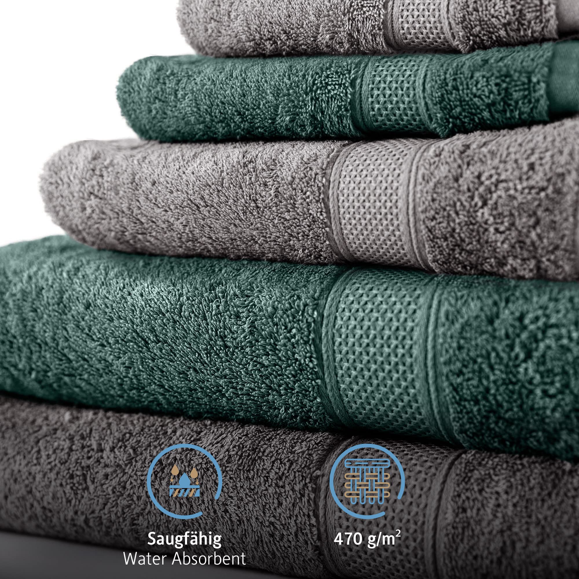 Komfortec Set di 6 asciugamani in 100% cotone, 2 teli da bagno da 70 x 140 cm e 4 asciugamani da 50 x 100 cm, spugna, morbido, antracite grigio/verde scuro