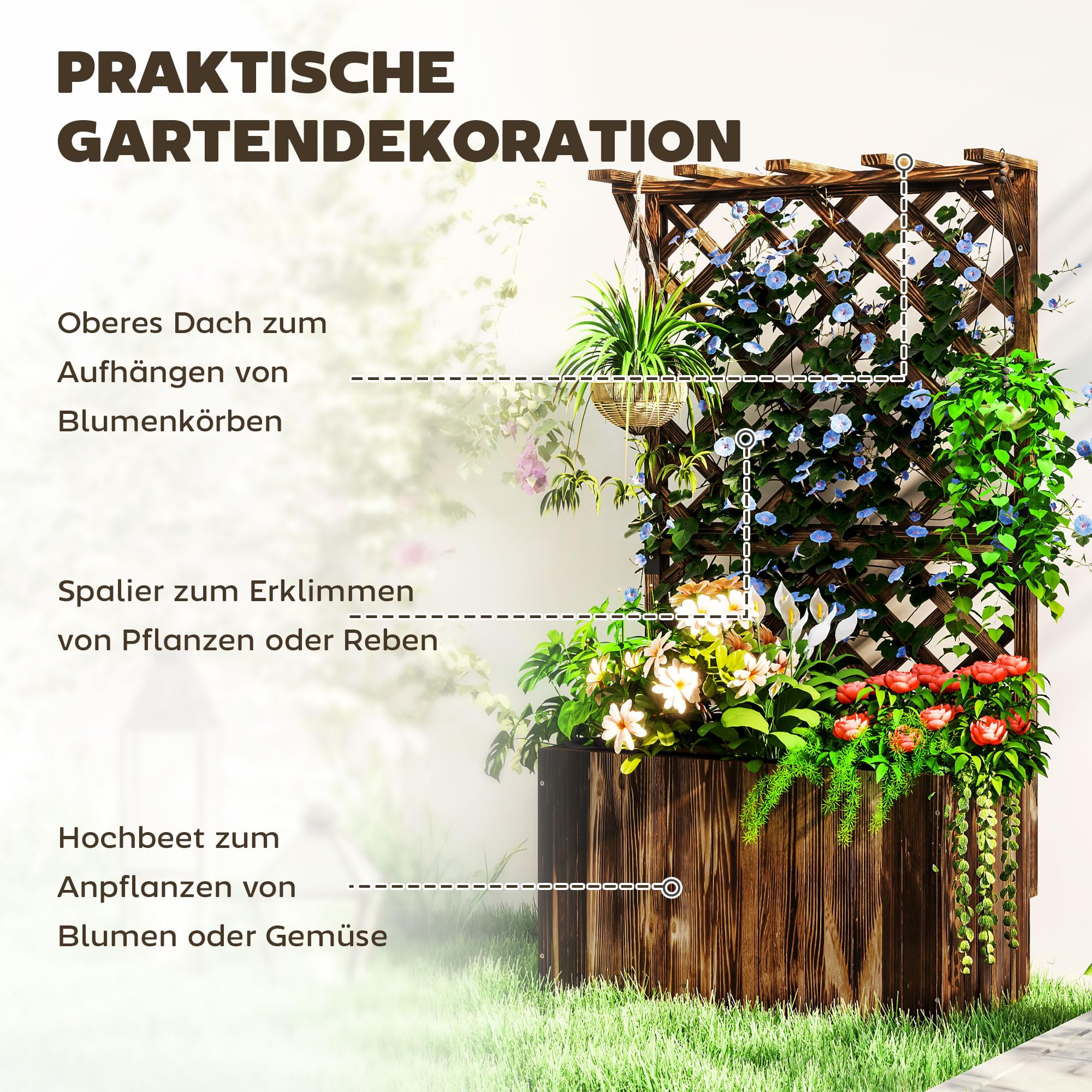 Outsunny Hochbeet Holz Pflanzkasten mit Sichtschutz Dach Verkohlt