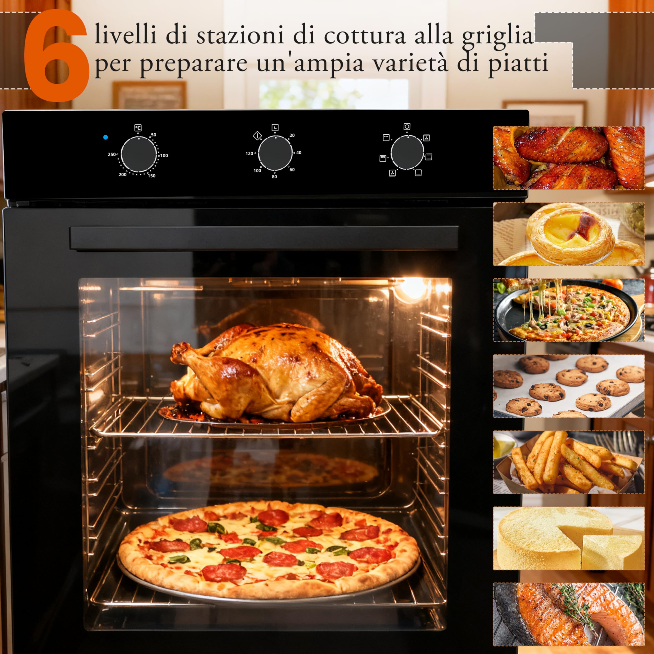 Forno da incasso 60CM, Forno Capiente da 60 Litri con Spina, 2200W, 6 Funzioni, Manopola Meccanica, Timer da 120 Minuti, Ventilatore Posteriore, 230V, 50Hz
