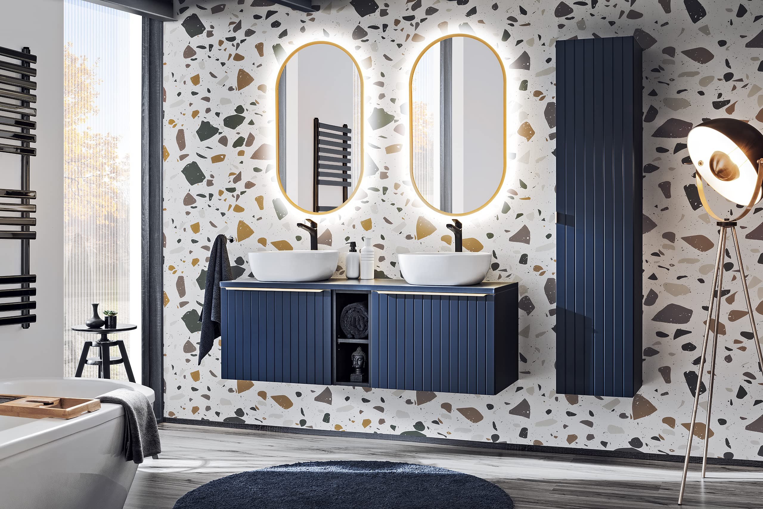 BZR114-B Meuble Salle de Bain Coloré Bleu – Rangement avec Panier Rabattable, Pieds Pin BZR114-B Meuble Salle de Bain Coloré Bleu – Rangement avec Panier Rabattable, Pieds Pin