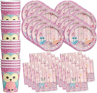Girl Woodland Animals Pink Birthday Party Supplies Set Plates Napkins Cups Tableware Kit for 16