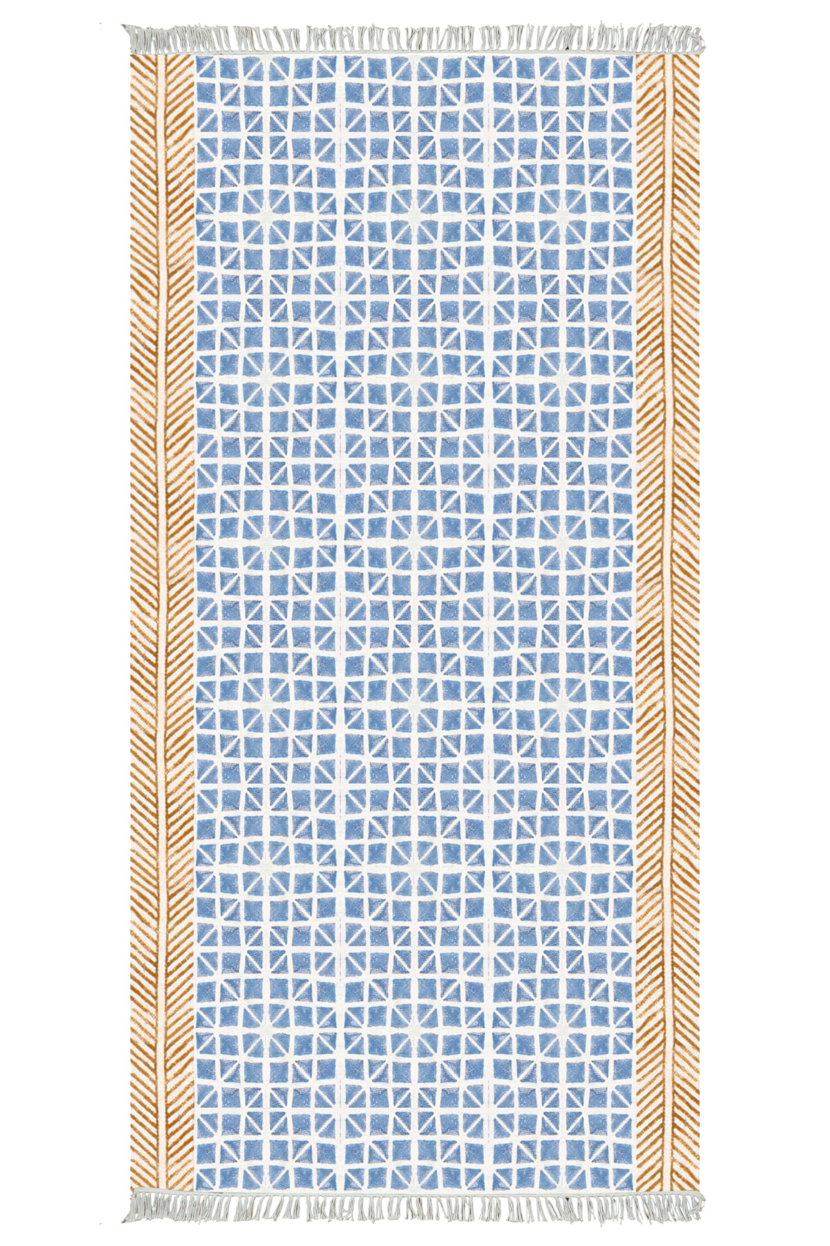 Tapis Kilim bleu en coton tissé plat 180x270 cm lavable pour intérieur et extérieur
