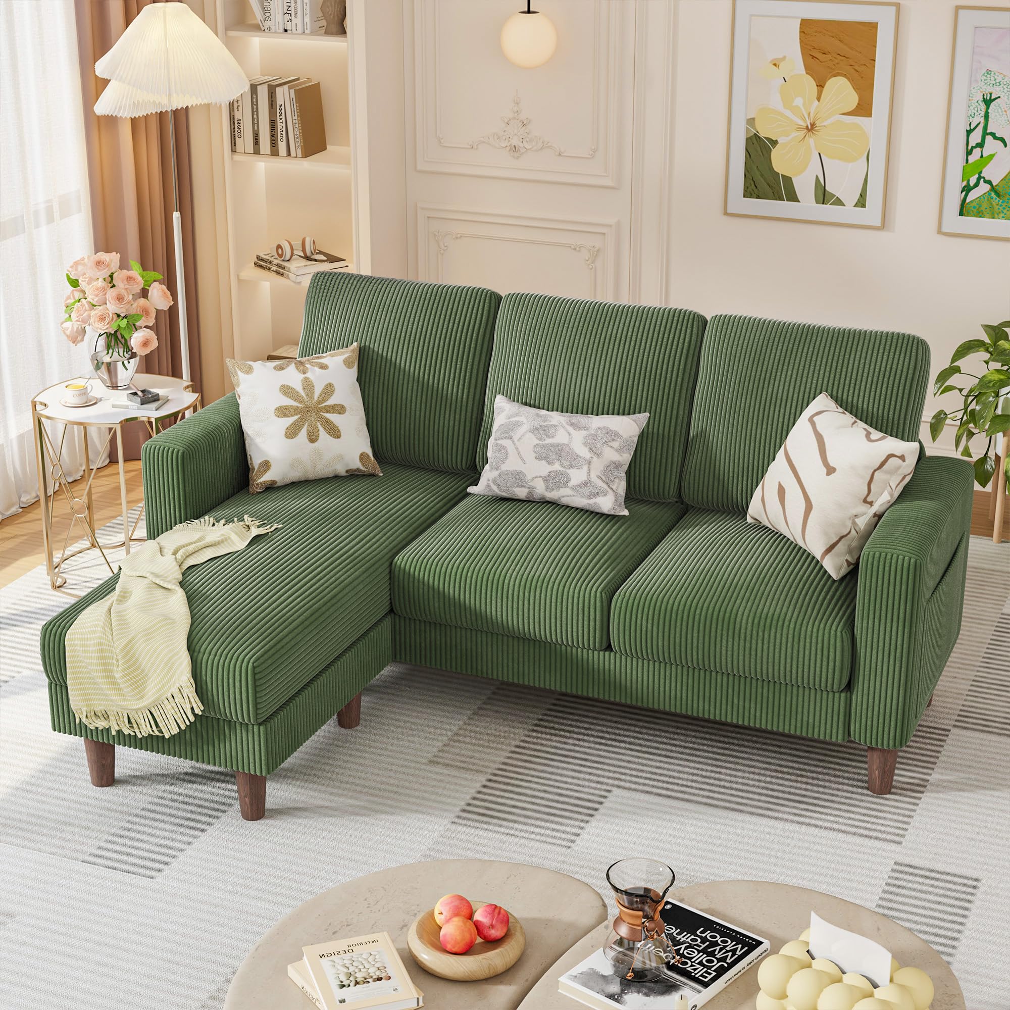 Homall Convertible Couches for Living Room, Comfy 3 Seat L Shaped Couch with Removable Ottoman, Small Sectional Sofa with Side Storage Pocket for