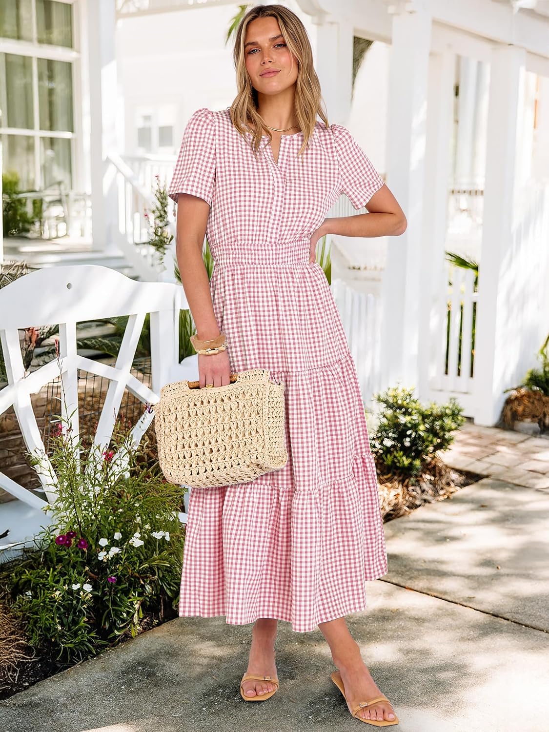 Caracilia Womens Summer Maxi Dresses 2026 Spring Casual V Neck Short Sleeve Gingham Flowy A-Line Beach Vacation Party Dress - Image 6