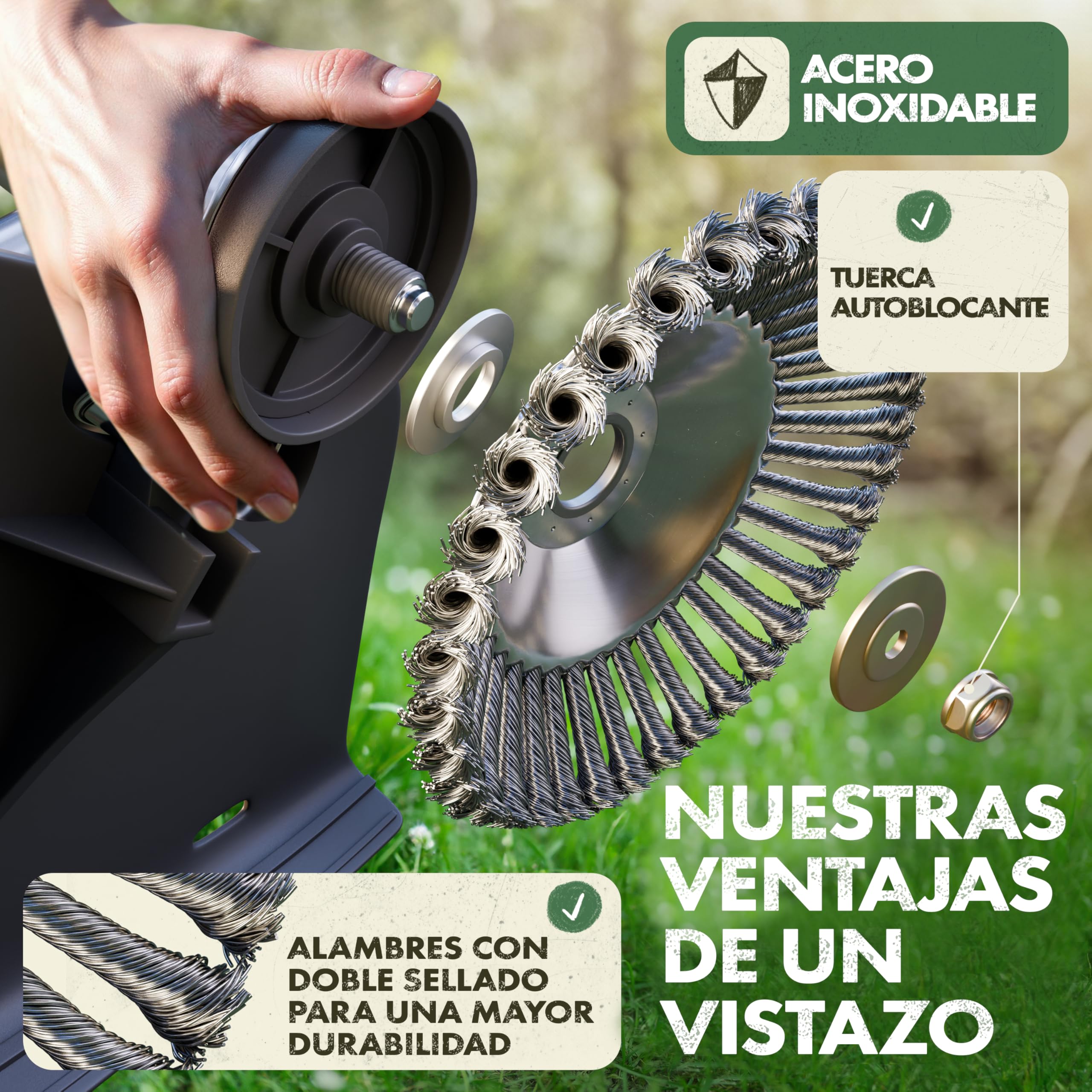 LAINFELD Cepillo para maleza para desbrozadora y desbrozadora | Ajuste universal incl. adaptador | Cepillo para maleza de juntas con accesorios | Cepillo para maleza silvestre
