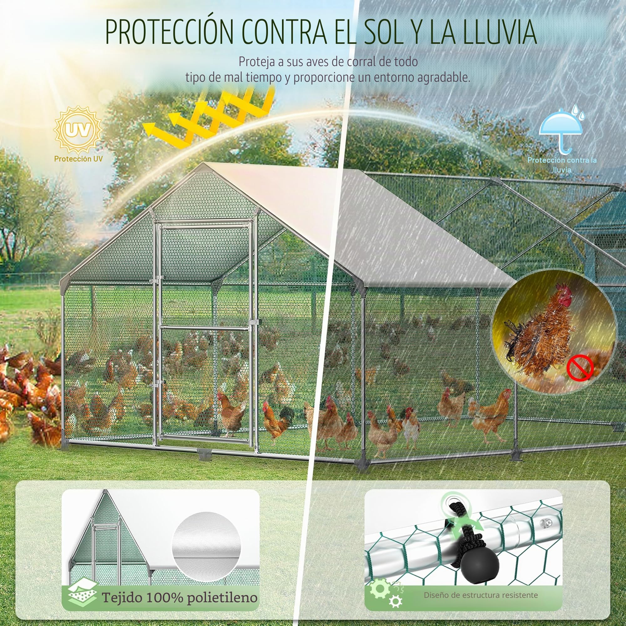 Froadp Gallinero Pajarera Exterior Recinto para Gallinas Camperas con Cubierta de Protección Solar de PE Jaula para Gallinas con Estructura de Acero Galvanizado para Conejos Avicultura (3x4x2m)