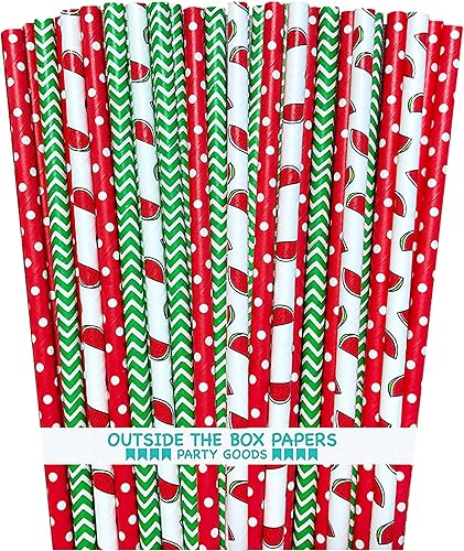 Fuera de la caja papeles, color rojo, blanco y verde, temática de pajitas de papel Chevron, lunares y sandía 7.75inches, 100unidades), color rojo,