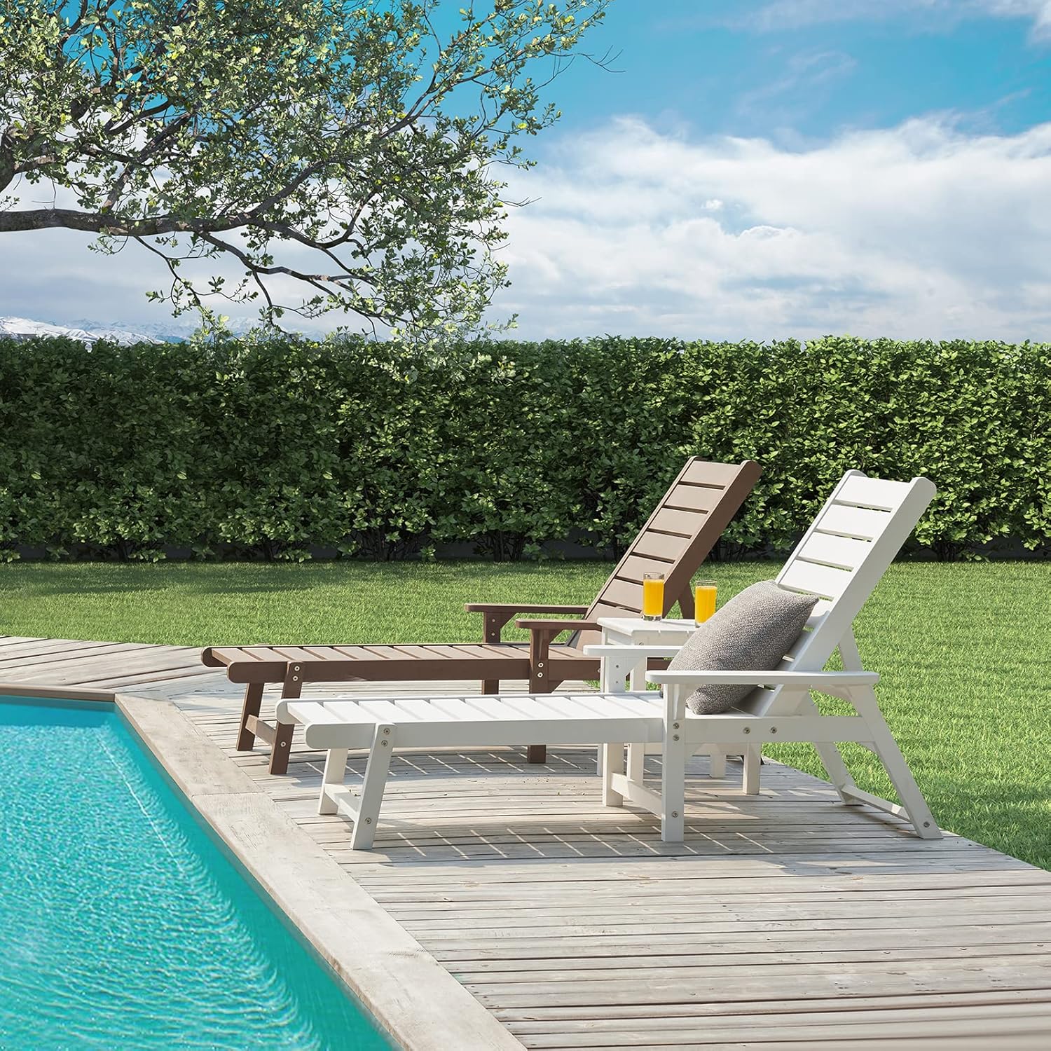 Chaise Lounge Set of 2, Poly Lumber, Outdoor Lounge Chair with Adjustable Backrest, Sturdy Weather Resistant Waterproof Fade Proof, for Poolside Patio Garden(Brown, 2 Pcs)