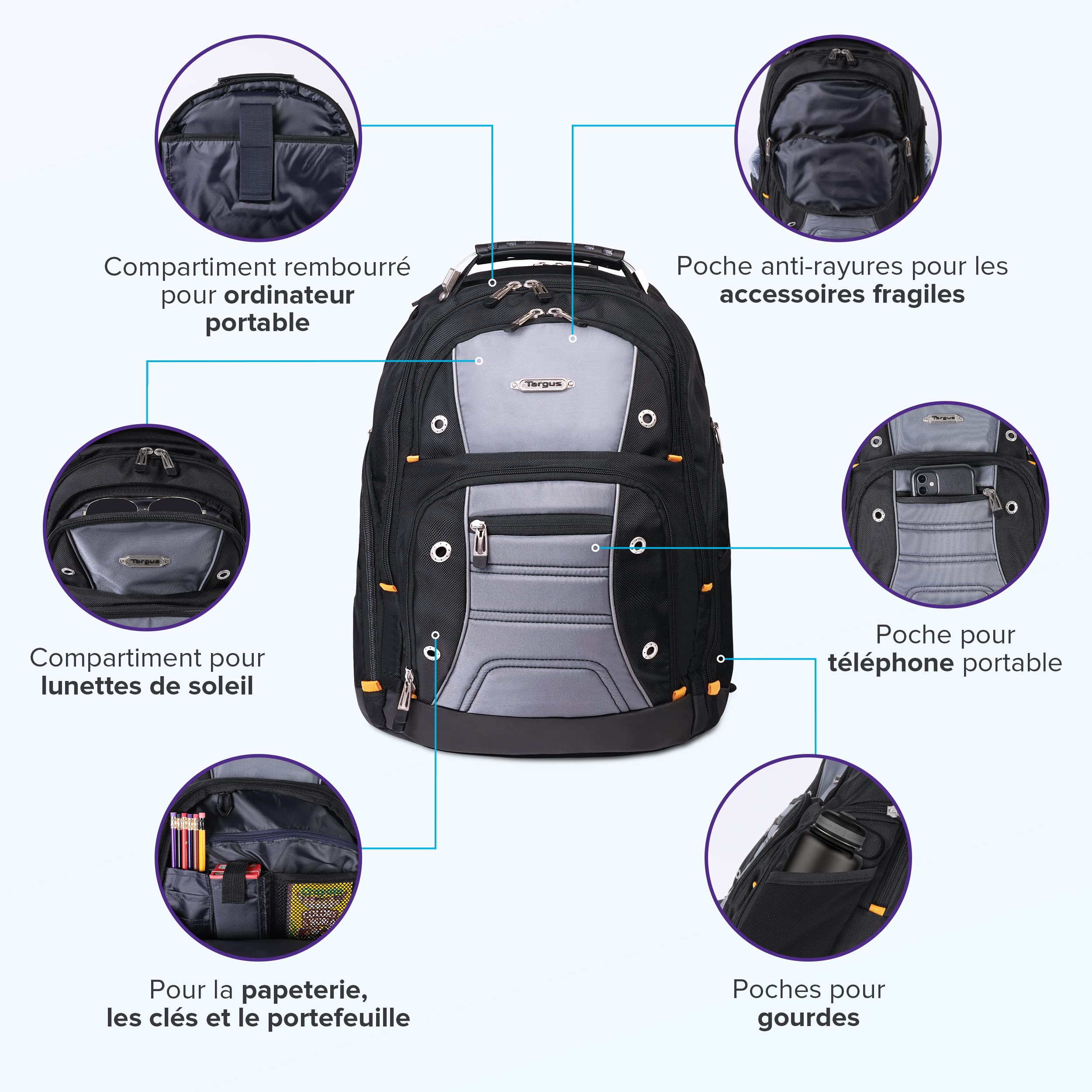 Targus Drifter Sac à Dos renforcé pour Ordinateur Portable Jusqu’à 15,6/16", Grand Sac à Dos imperméable avec Compartiments, Sac pour Ordinateur 32 L – Noir/Gris, TSB238EU