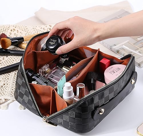 Miniatura 3 de Cessfle Bolsa de cosméticos de viaje de gran capacidad, bolsa de maquillaje a cuadros, bolsa de cuero portátil impermeable para el cuidado de la