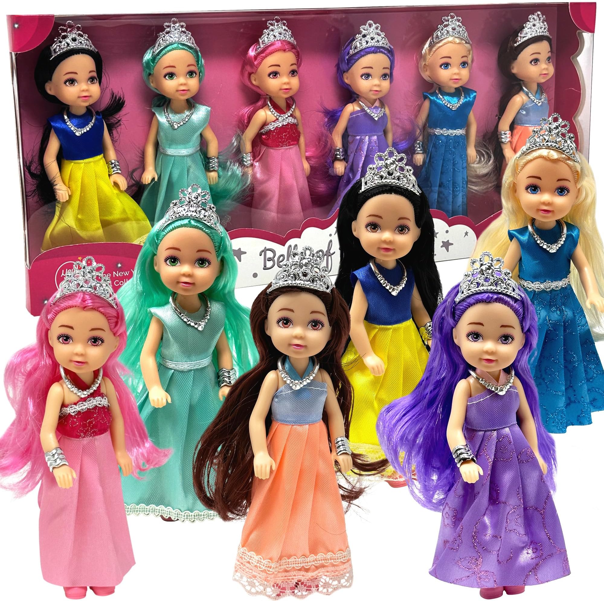 Little Dolls Set with Mini Princess for Girls Toy Dollhouse Small Doll Figures Tiaras, Hair, Accessories Tiny 5.5 Miniature of 6