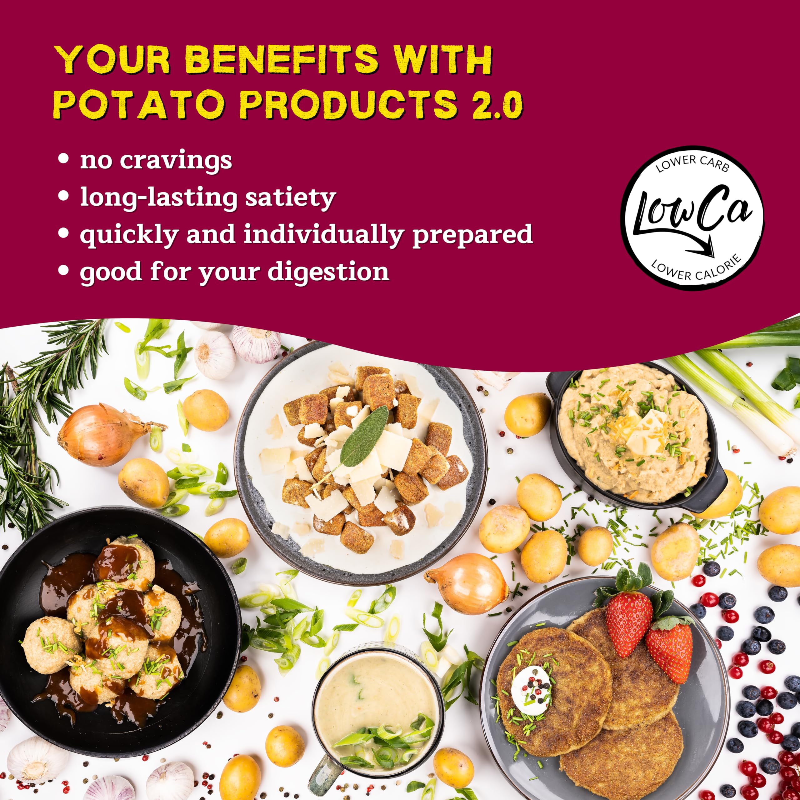 LOW CARB produits à base de pommes de terre | 95% de glucides en moins = KETO | 60% de calories en moins | riche en protéines et en fibres | biologique