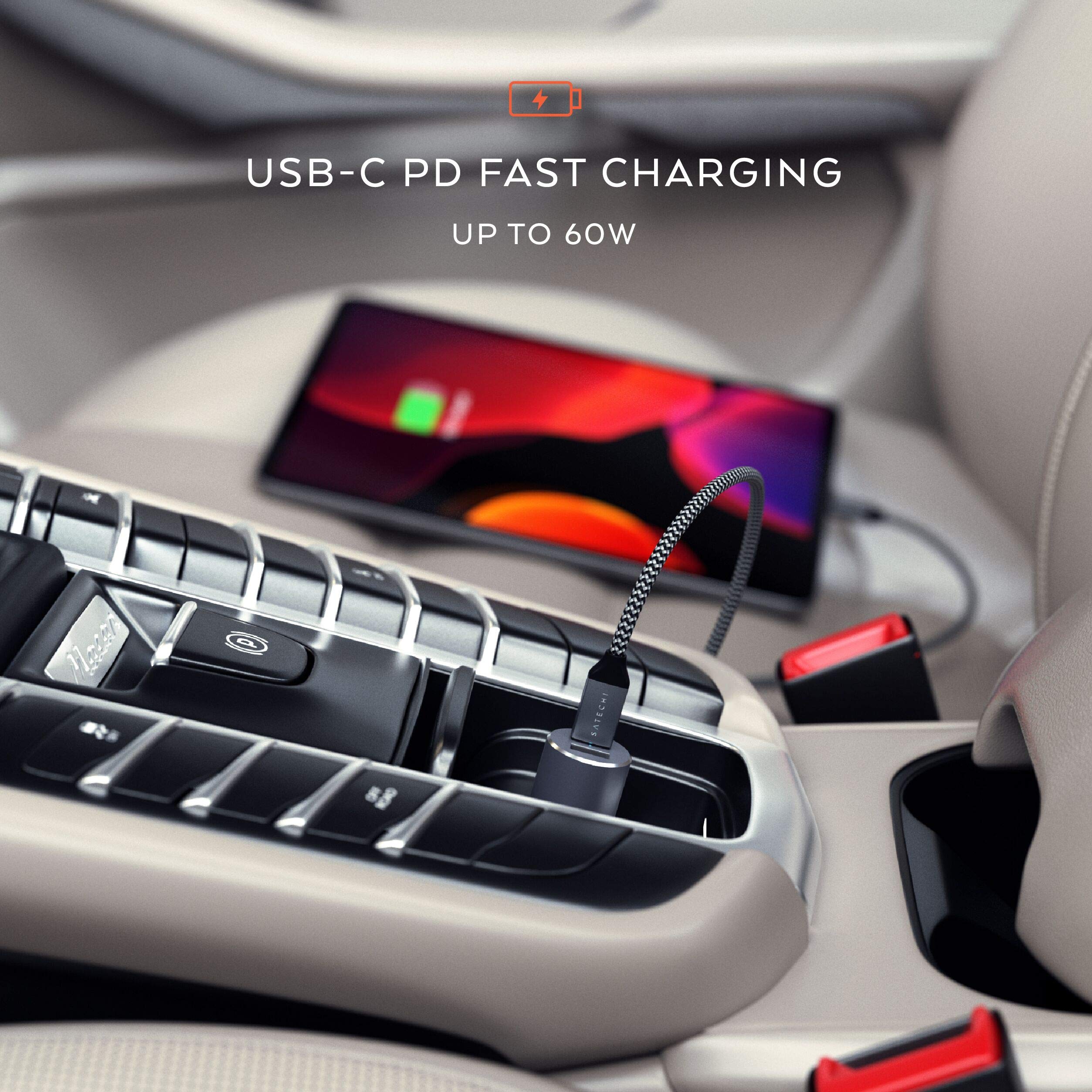 Satechi Ładowarka samochodowa 72W Typ-C z Power Delivery USB-C i ładowanie 12W USB-A - kompatybilna z 2018 MacBook Air, 2019/18 MacBook Pro, 2018 iPad Pro, iPhone 11+ Max/11 Plus/11 (szary)