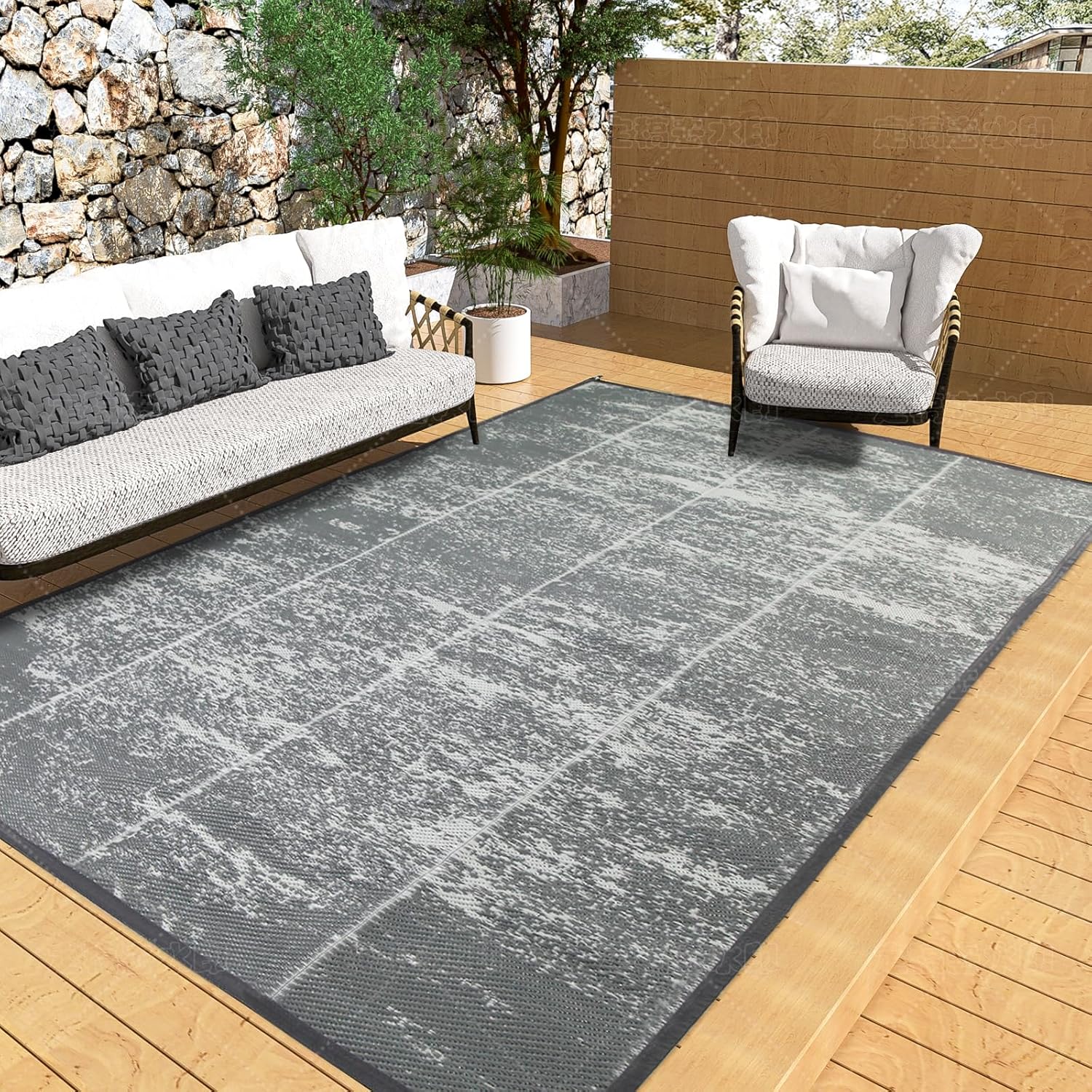 Mirok Outdoor Rug, Waterproof Reversible Patio Rugs, 9'x12' Large Outdoor Area Rug Foldable Plastic Camping Rugs for Outside RV, Patio,Picnic,Camper,Balcony,Porch(Deep Gray, 9×12 ft)