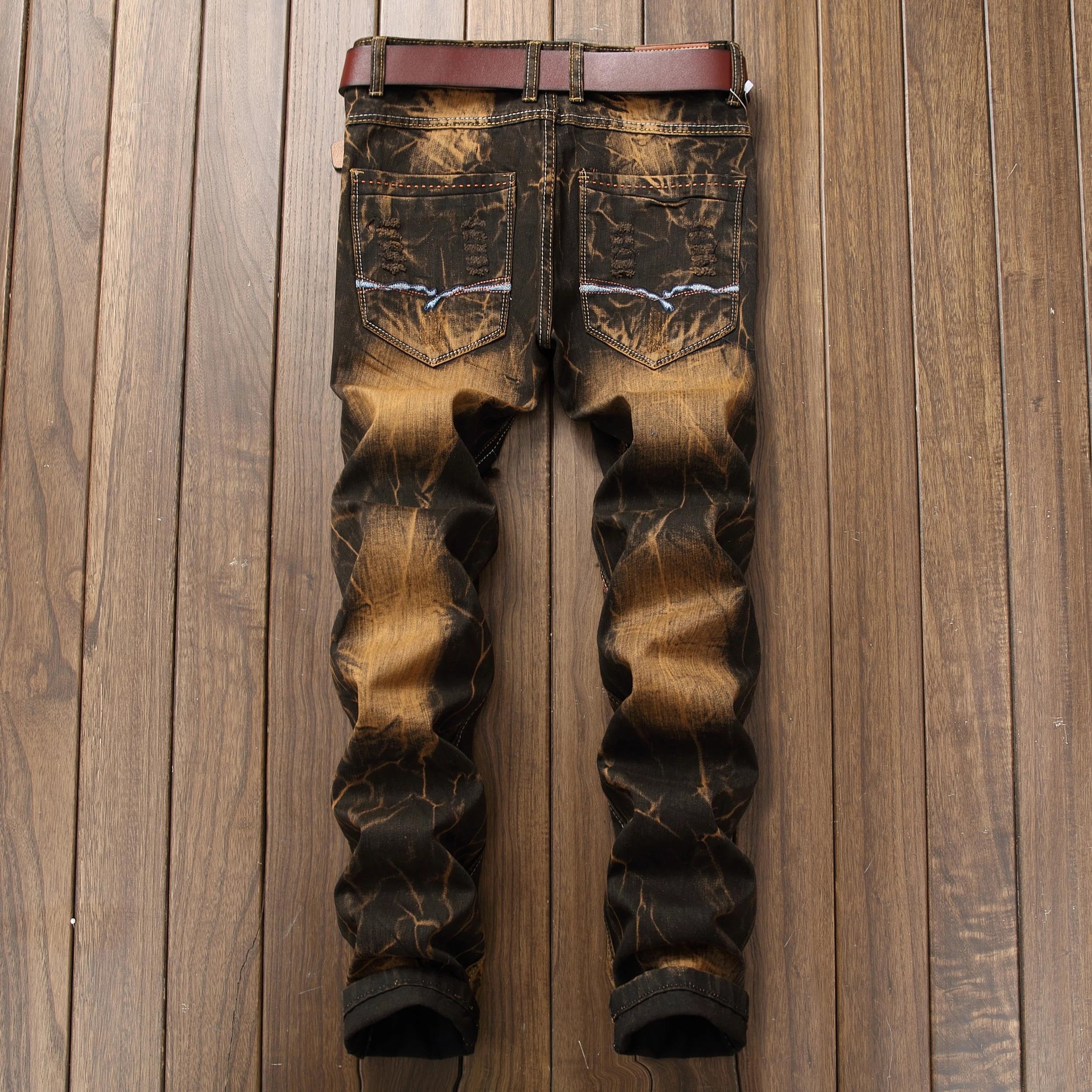 Jeans Pantalon Herren-Patchwork-Jeans Streetwear Geradbein-Slim-Fit Vintage-Distressed Motorrad-Denim-Hosen Männer