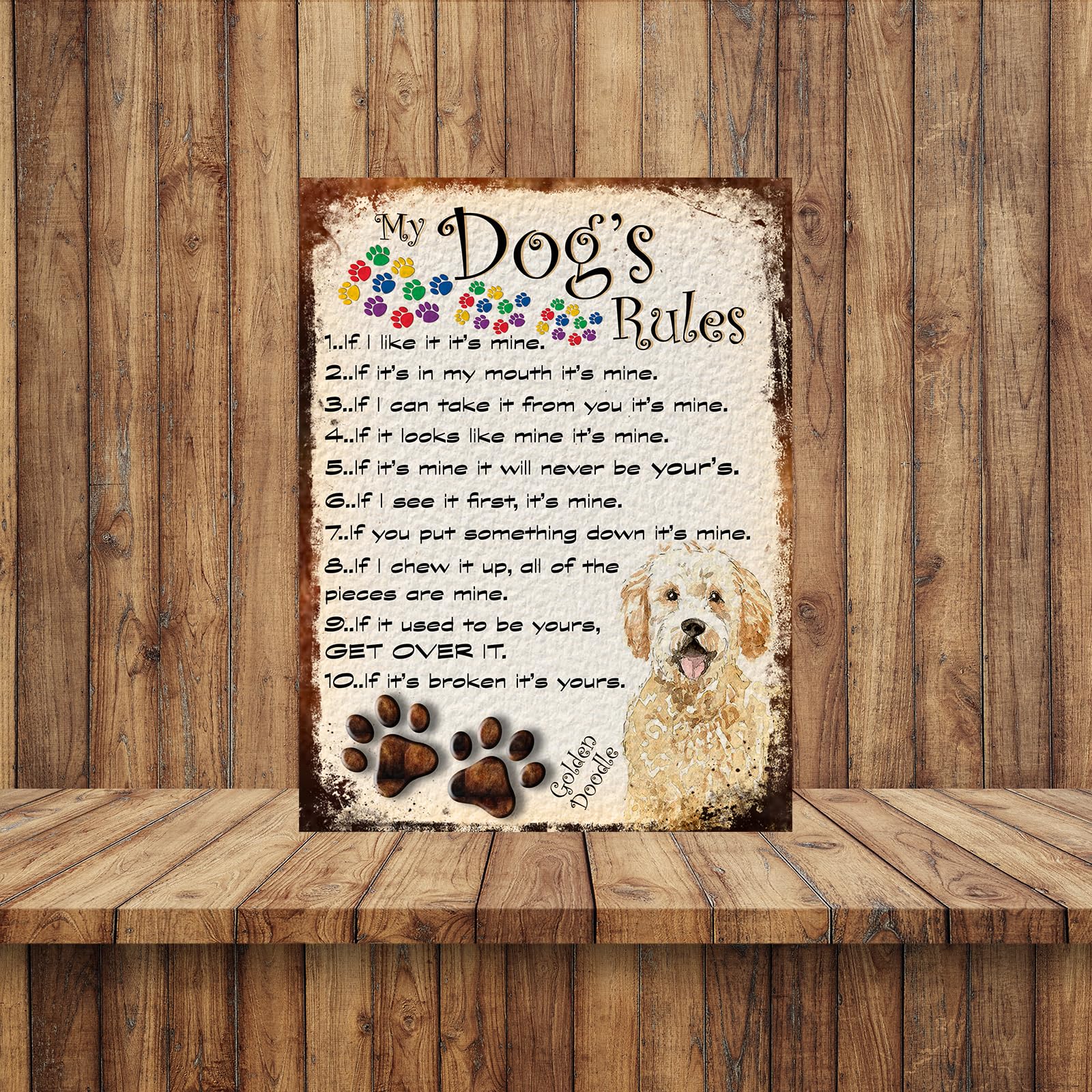 MY DOG'S RULES RETRO STYLE METAL TIN GOLDEN DOODLE DOG SIGN/PLAQUE THEME 10" X 8" (70DRM), Golden Doddle - Image 2