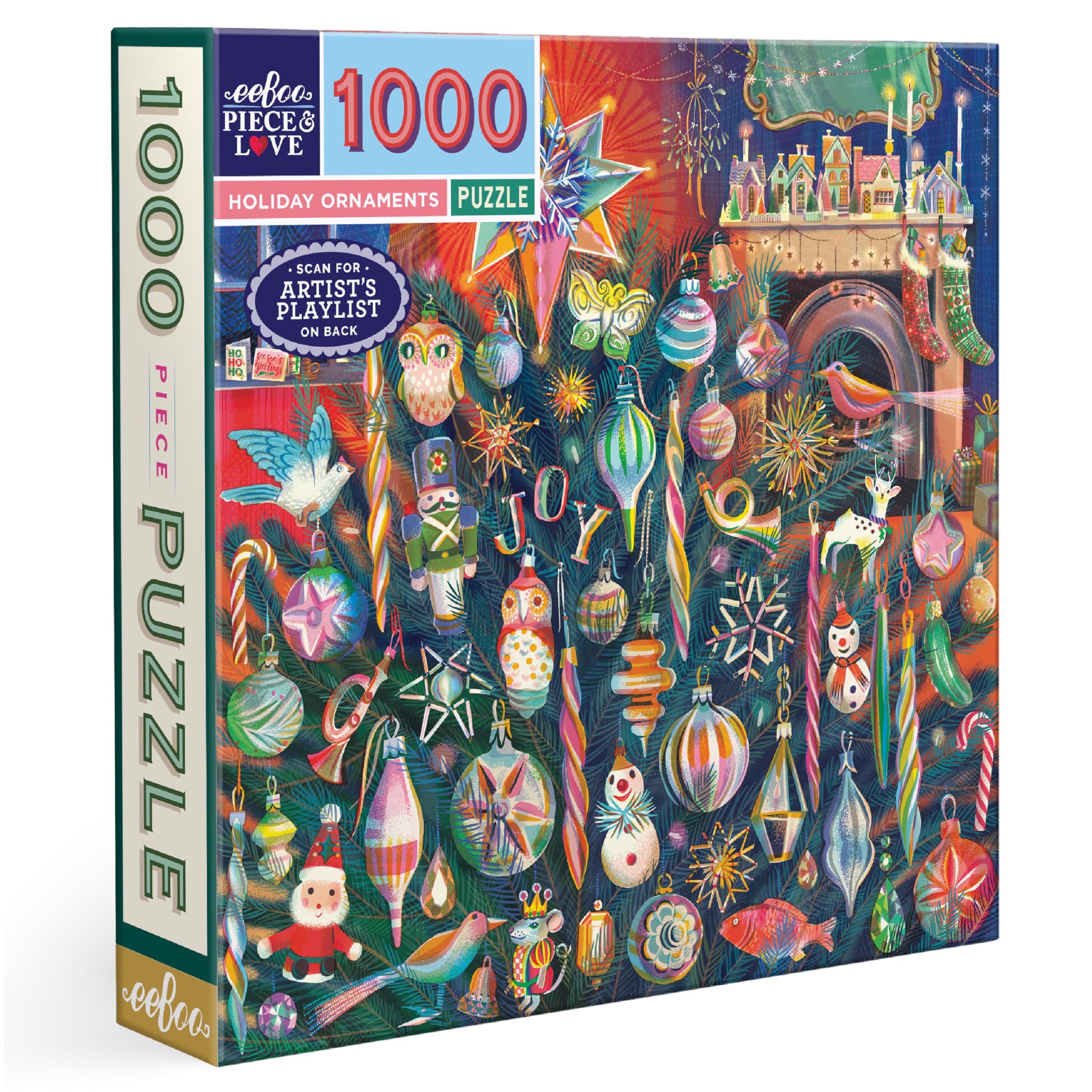 eeBoo Sztuka i miłość: Ozdoby świąteczne - 1000 elementów Puzzle - Kwadratowa układanka świąteczna dla dorosłych, 23 x 23, zawiera wkładkę do obrazu, błyszczące elementy