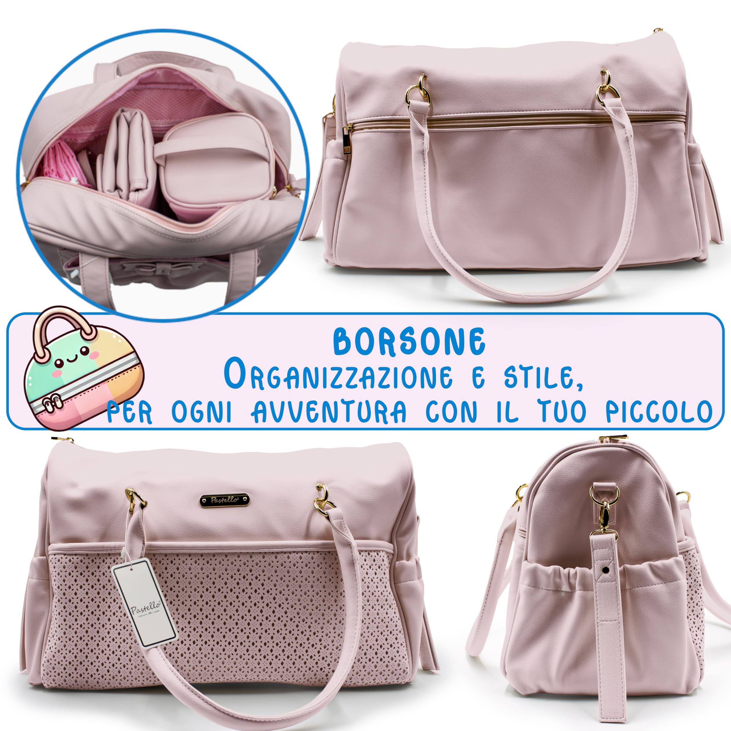 PASTELLO - Set Borsa Nascita Multifunzione con Accessori Inclusi, Borsone Mamma per Cambio e Viaggio, Con Fasciatoio, Portabiberon Termico e Portaciuccio (Art. SETN03)