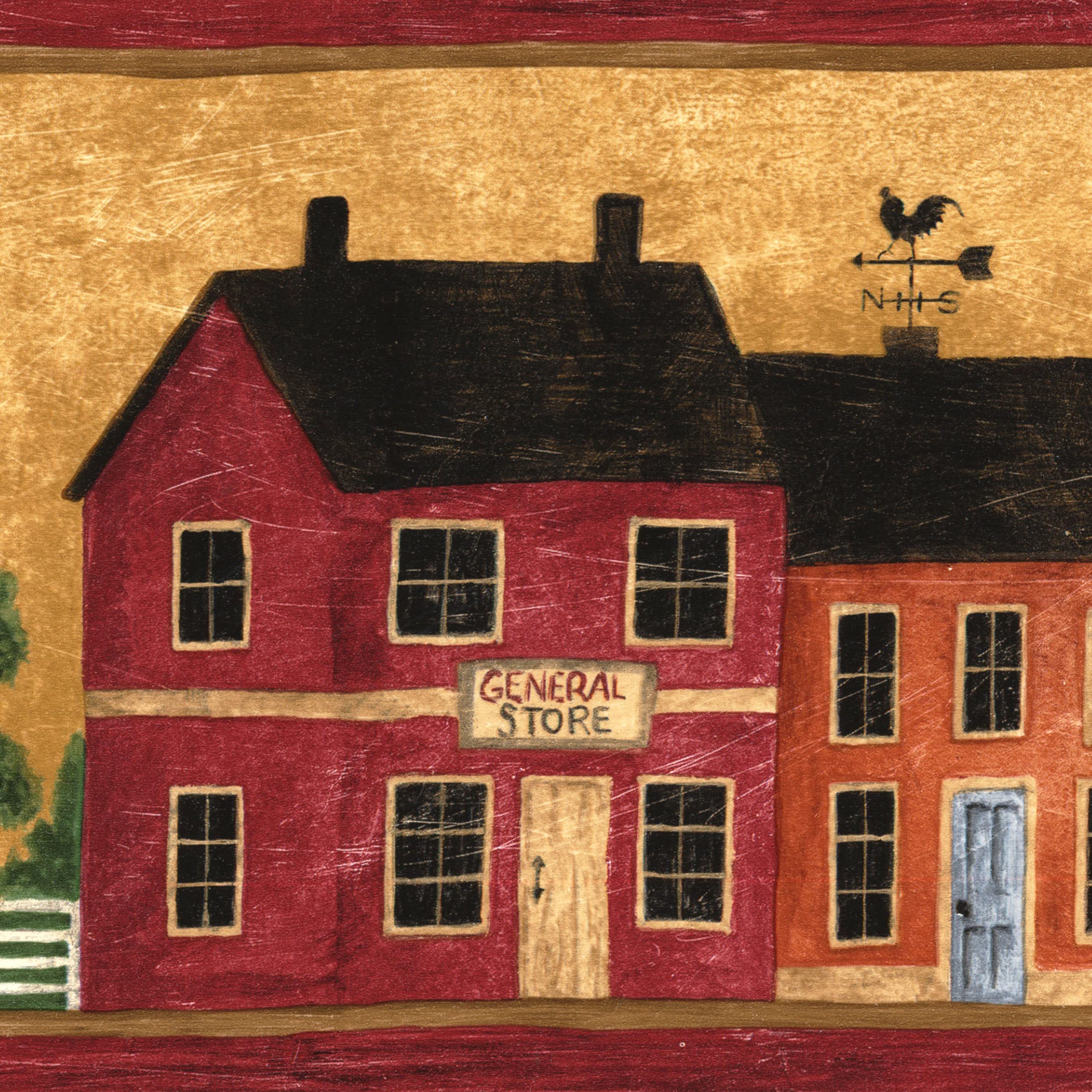 Wallpaper Border Country Pattern Village Farm Houses Trees Fence for Kitchen Dining Area Cottage Farmhouse, Tan Red Green, 15 ft by 6.2 in 5813930