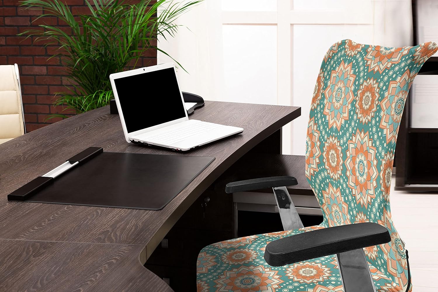 Ambesonne Lotus Office Chair Cover, Mandala Motifs of The Oriental Cultures with Bohemian Inspired Flower, Stretchable Decorative Universal Size High Back Printed Slipcover, Blue Beige