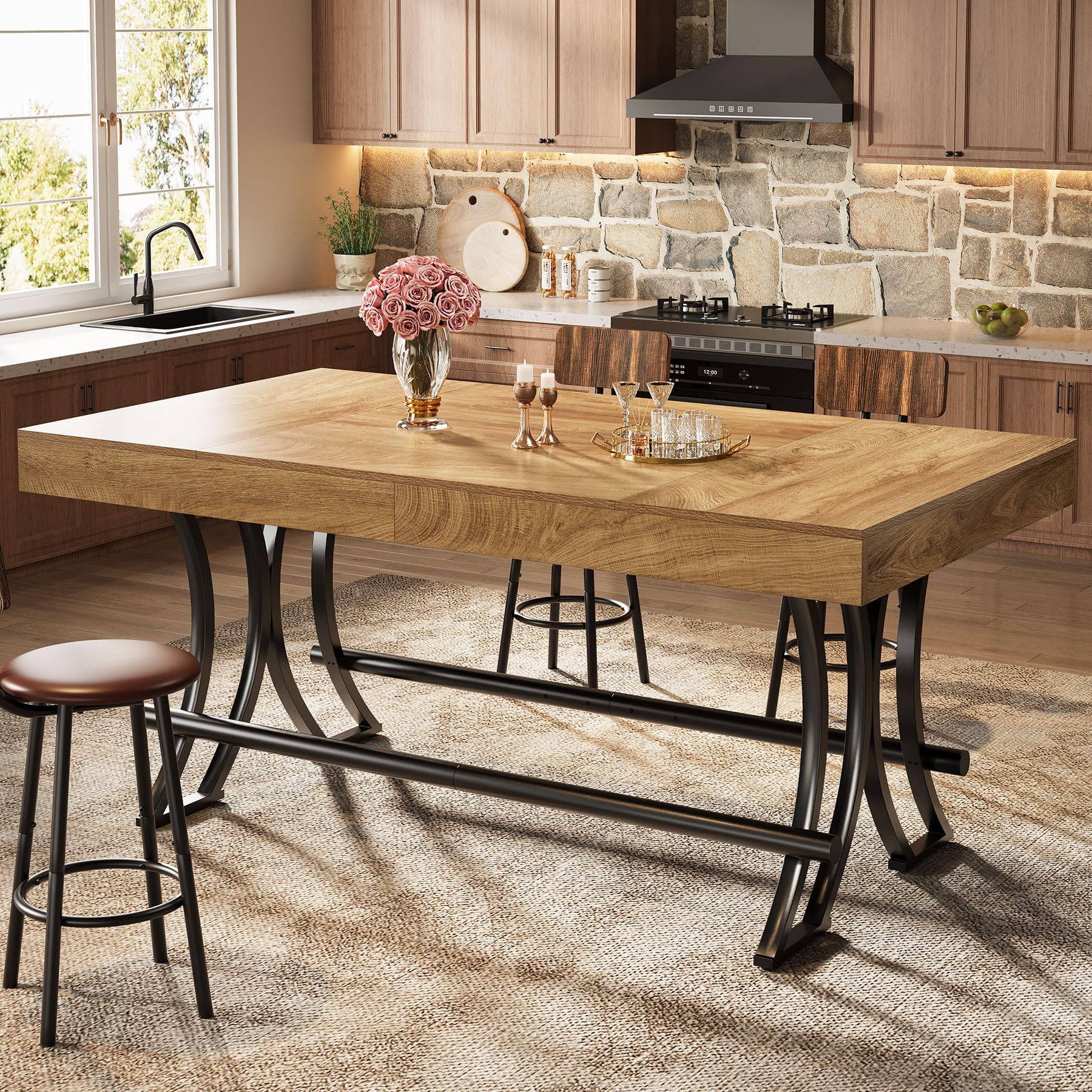 Tribesigns 160 cm Bartisch & Stehtisch, Landhaus Esstisch für 4-6 Personen, mit Fußstütze (Metallring), für Küche/Wohn-/Esszimmer – 160x70x90 cm (nur Tisch)