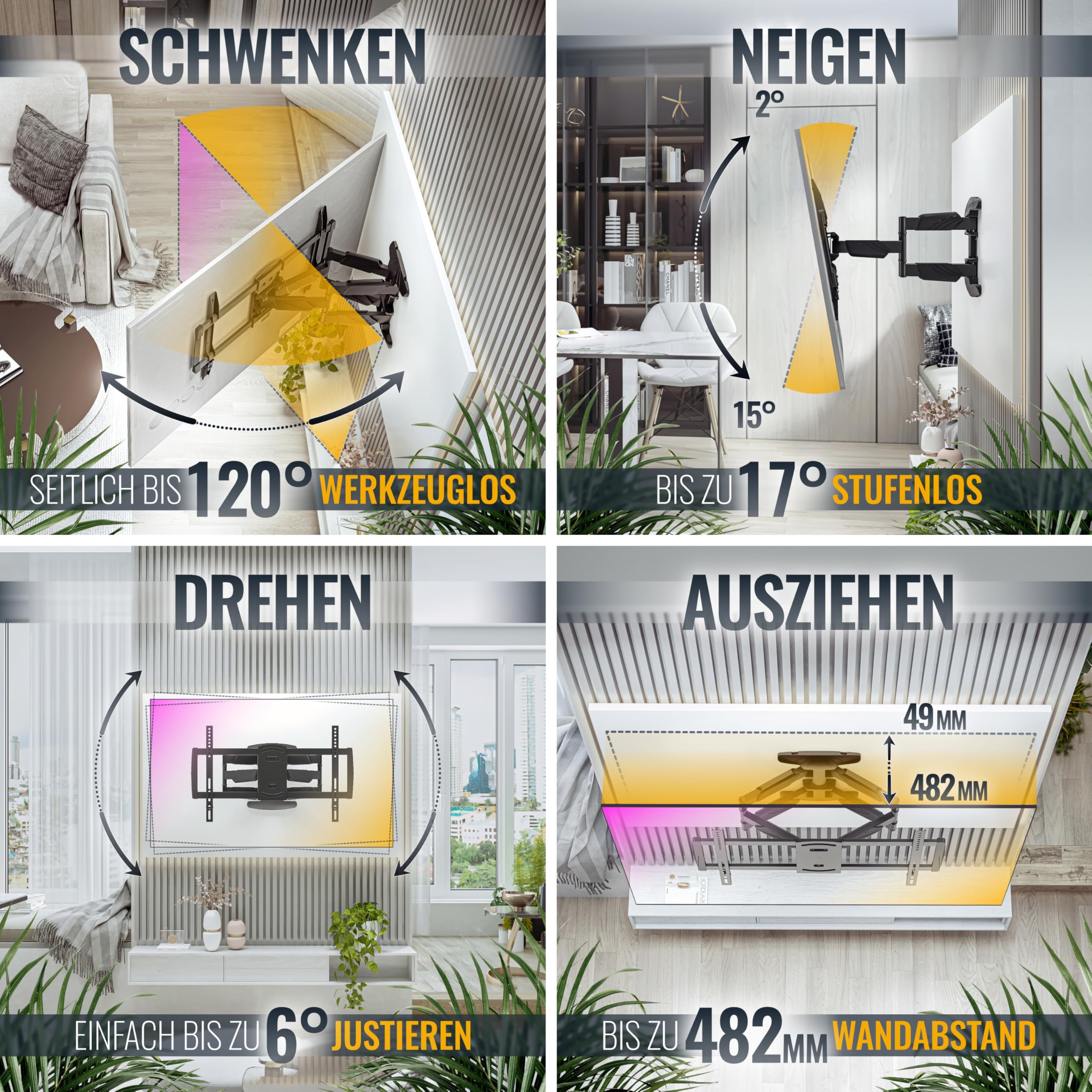 RICOO Supporto TV parete S5064 Girevole Inclinabile Televisore 37-65" (94-165 cm) Staffa universale Televisione LED/Curvo VESA 300 x 200-600 x 400