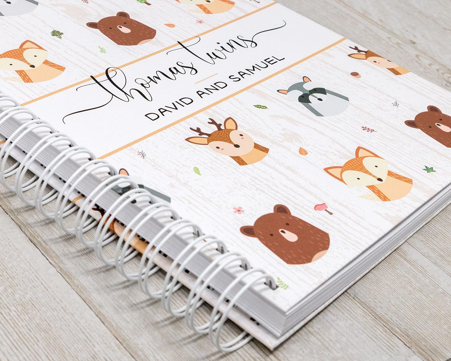 Personalized Twin Baby Memory Book - Hardcover First Year Album Customized with Babies’ Names - Prompted Baby Journal (Forest Friends)