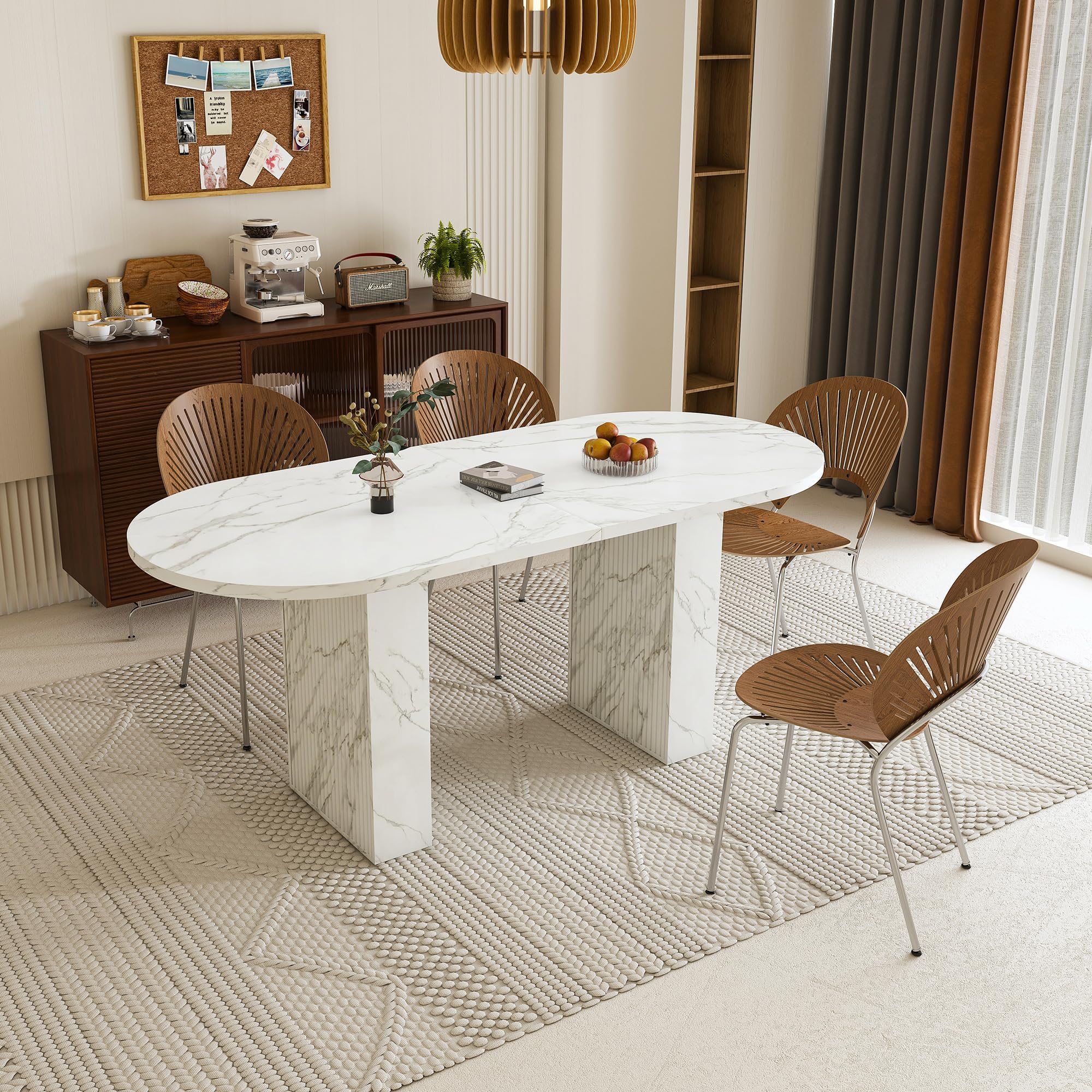 63” Oval Dining Table for 4-6 Person, Dining Table Mid-Century Modern Kitchen Dinner Tables for Dining Room, Living Room (White Marble)