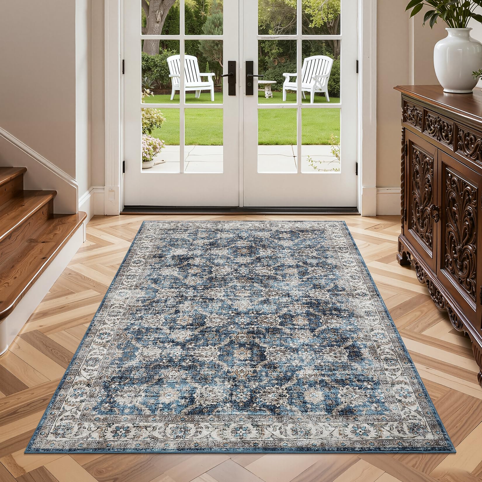 LuxFocus 80x150cm Vintage Distressed Bedside Rug, Washable Area Rugs Living Room, Soft Low Pile Oriental Carpet, Non Slip Traditional Carpets for Bedroom Kitchen Hallway, Blue