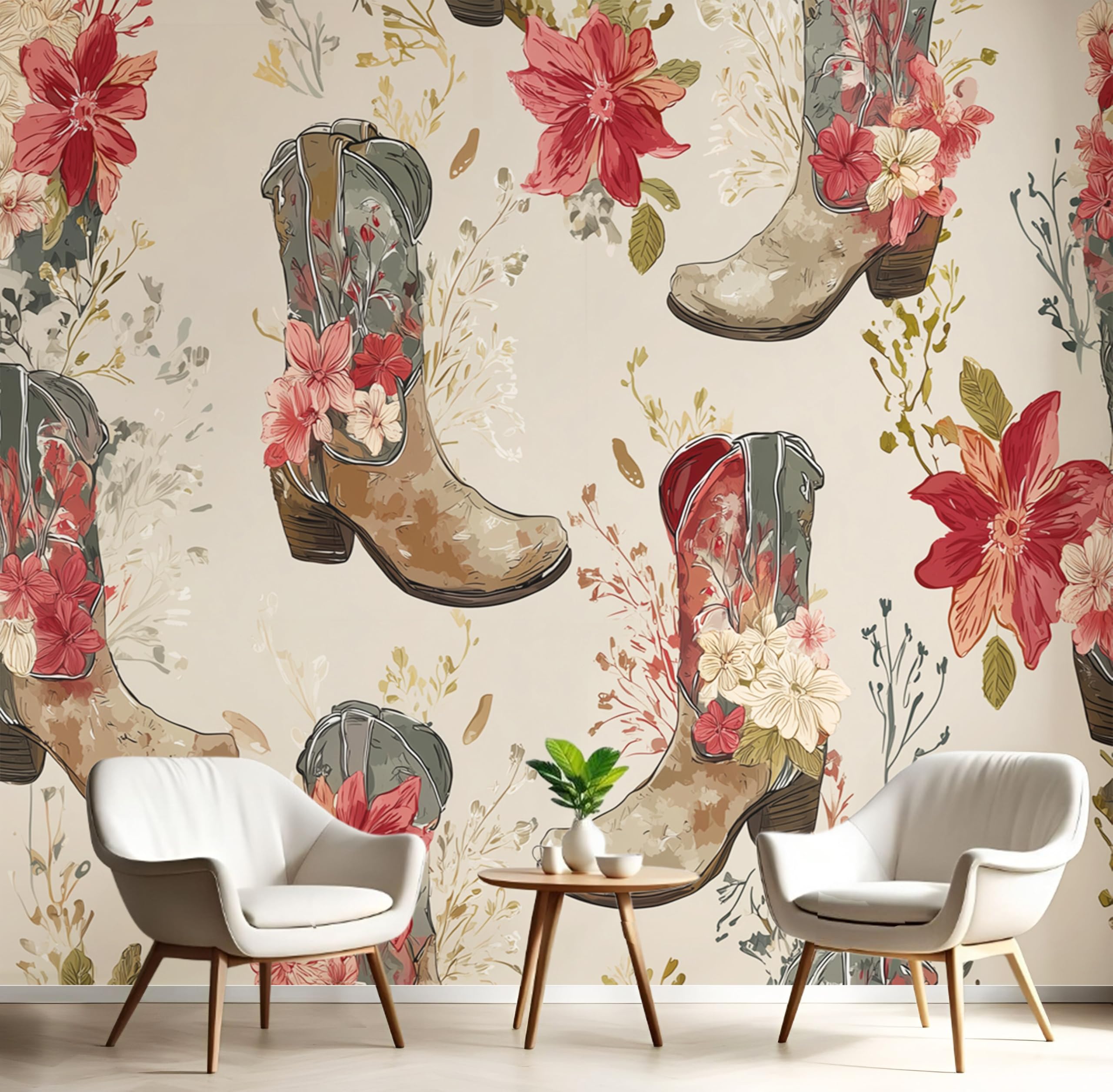 Papier peint bottes de cowboy fleurs 3D, agrandissez votre salon avec ce panoramique soie
