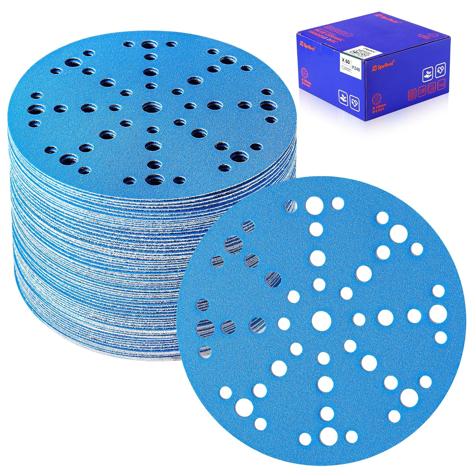 SpeTool 6 Inch Sanding Discs, 49 Hole Hook and Loop Sandpaper 60 Pack Compatible for Random Orbital Sander, Stearate Anti-Clog Coating with 240 Grit Ceramic Aluminum Oxide Abrasives for Sanding Chore