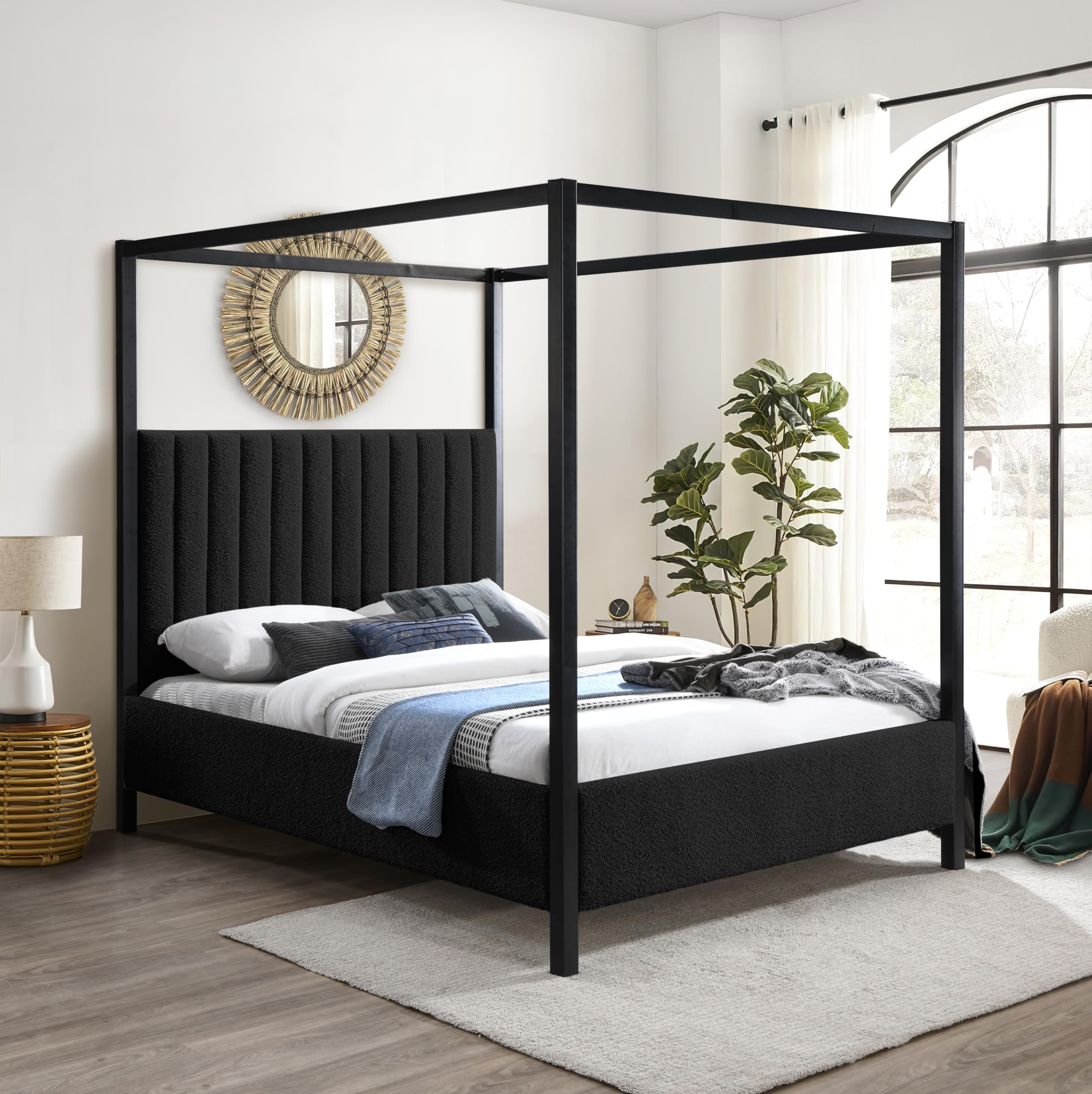 Meridian Furniture KellyBlack-Q Kelly Collection Modern | Contemporary Queen Bed with Rich Black Boucle Fabric, Matte Black Iron Metal Frame Canopy, 62.5